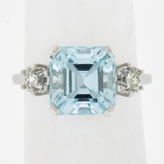 New Platin 3,84ctw Step Cut Aquamarin & Altschliff Diamant Cocktail Ring
