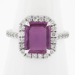New Platinum 3.90ctw Gia No Heat Pink Sapphire W/ Diamond Halo Low Profile Ring