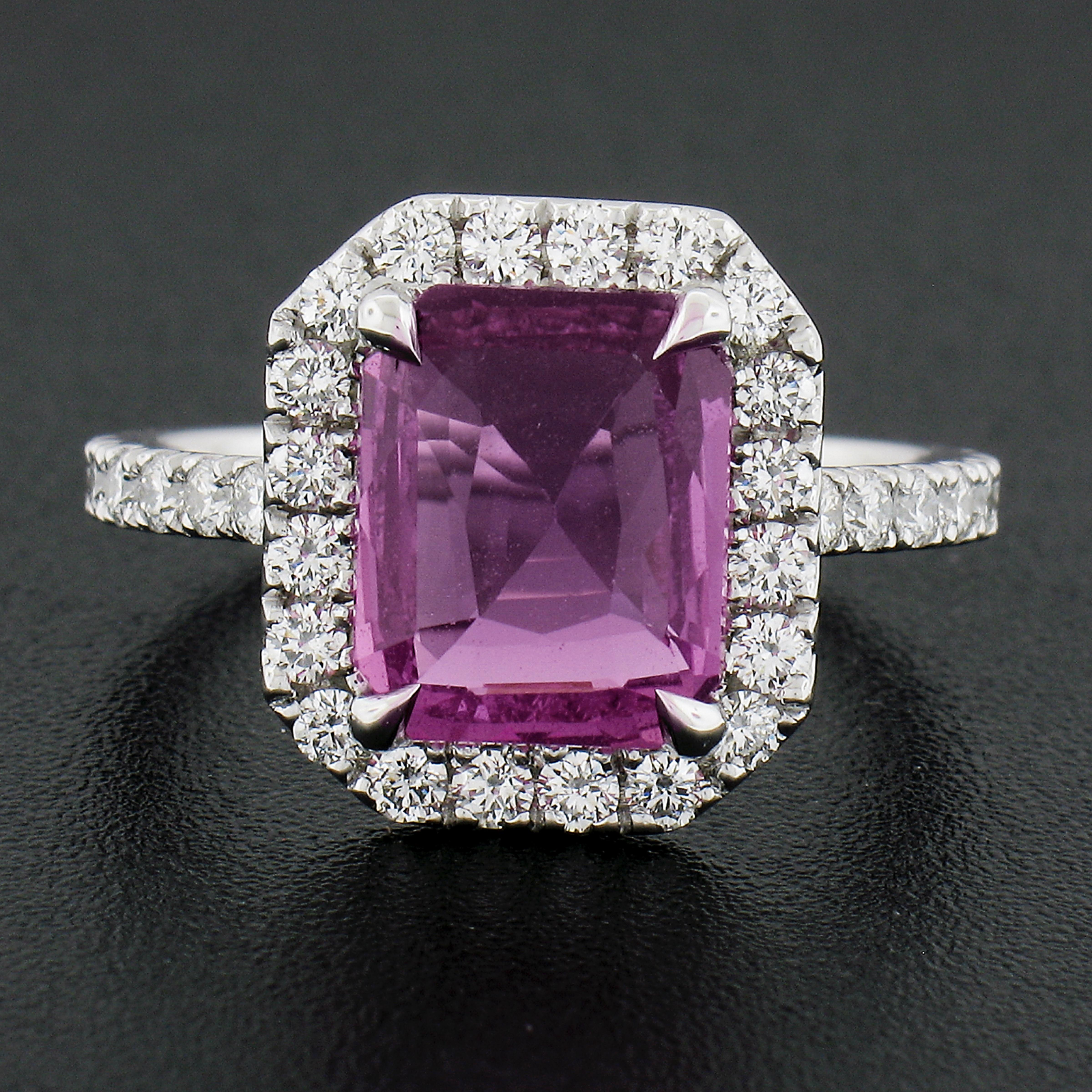 Octagon Cut New Platinum 3.90ctw Gia No Heat Pink Sapphire W/ Diamond Halo Low Profile Ring For Sale
