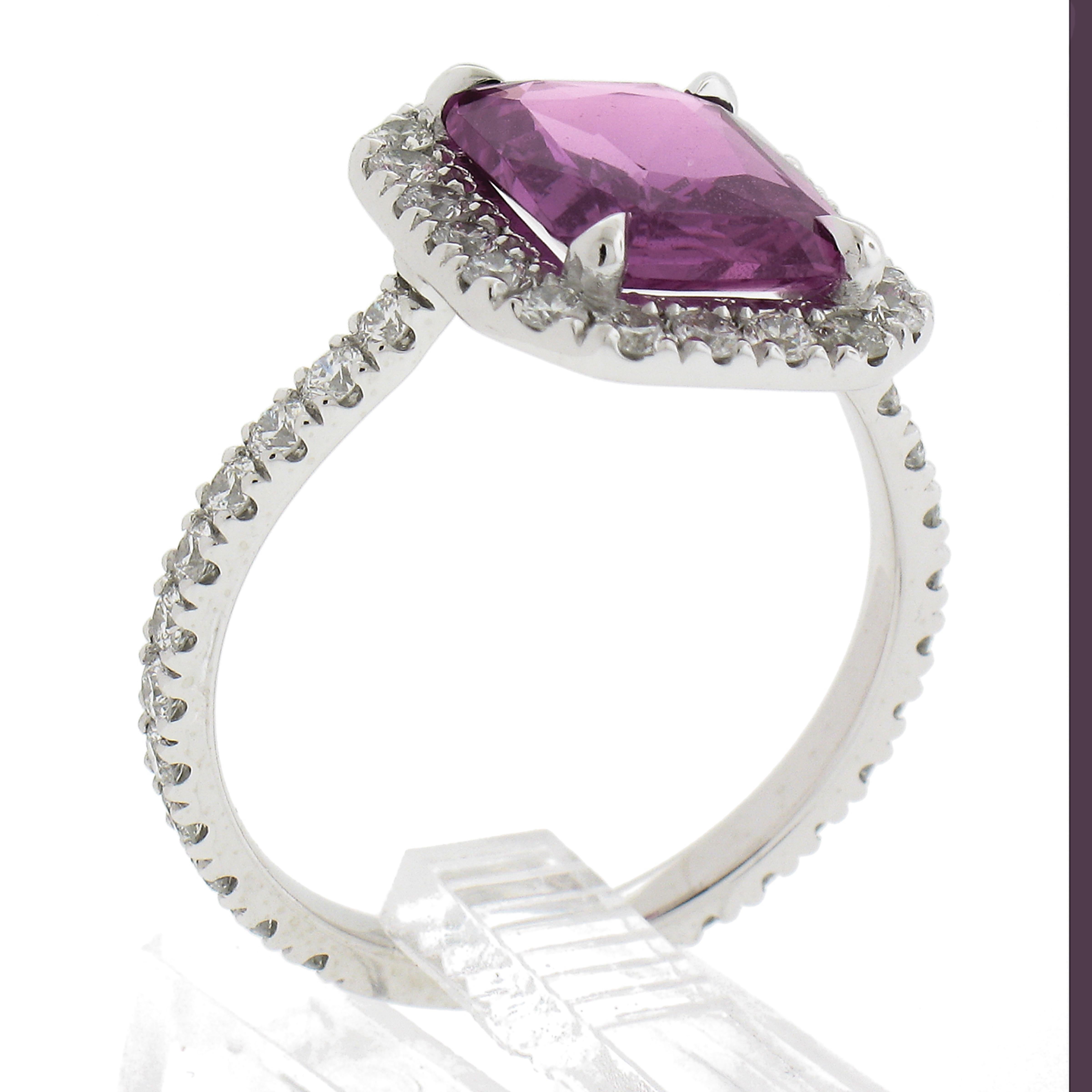 New Platinum 3.90ctw Gia No Heat Pink Sapphire W/ Diamond Halo Low Profile Ring For Sale 3