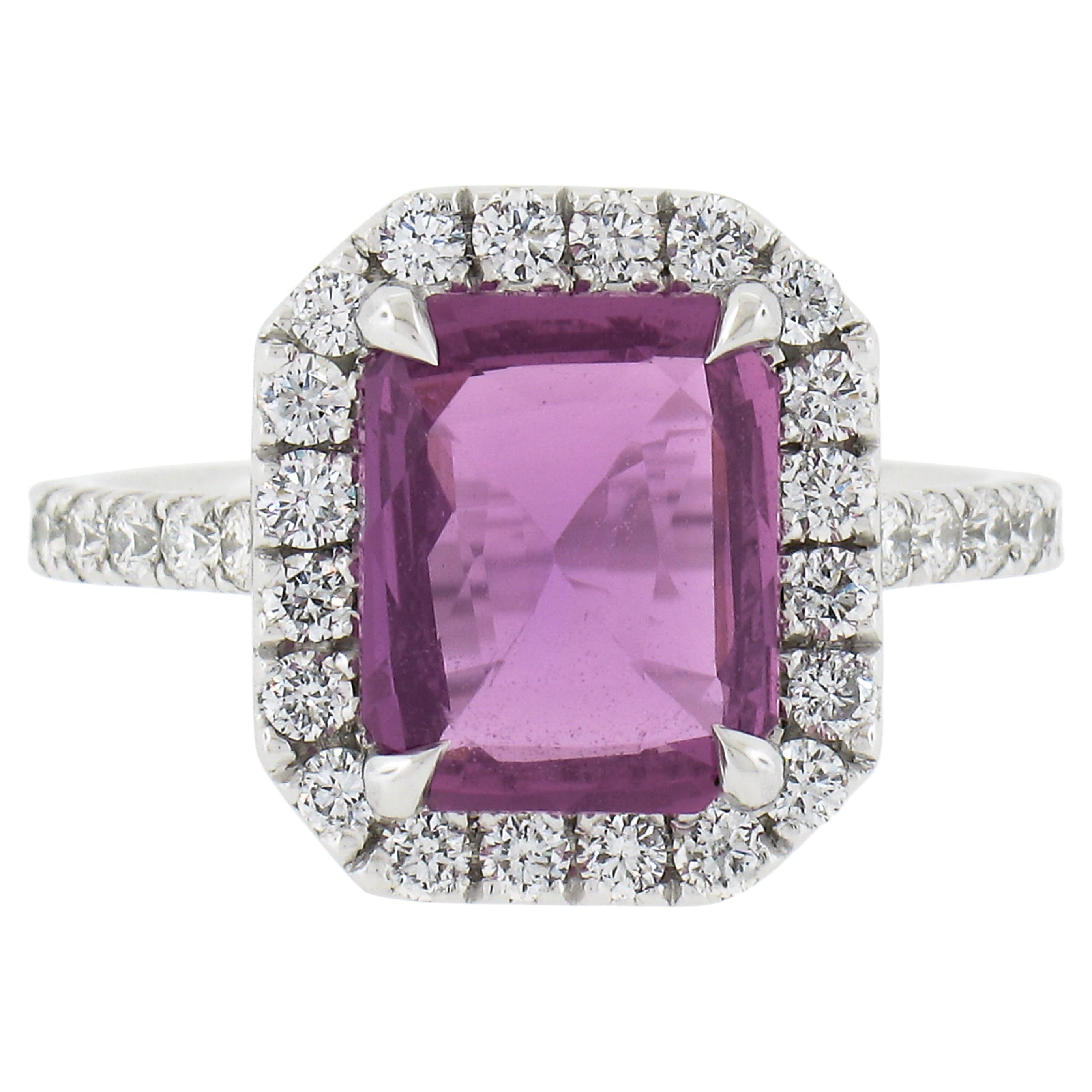 New Platinum 3.90ctw Gia No Heat Pink Sapphire W/ Diamond Halo Low Profile Ring For Sale