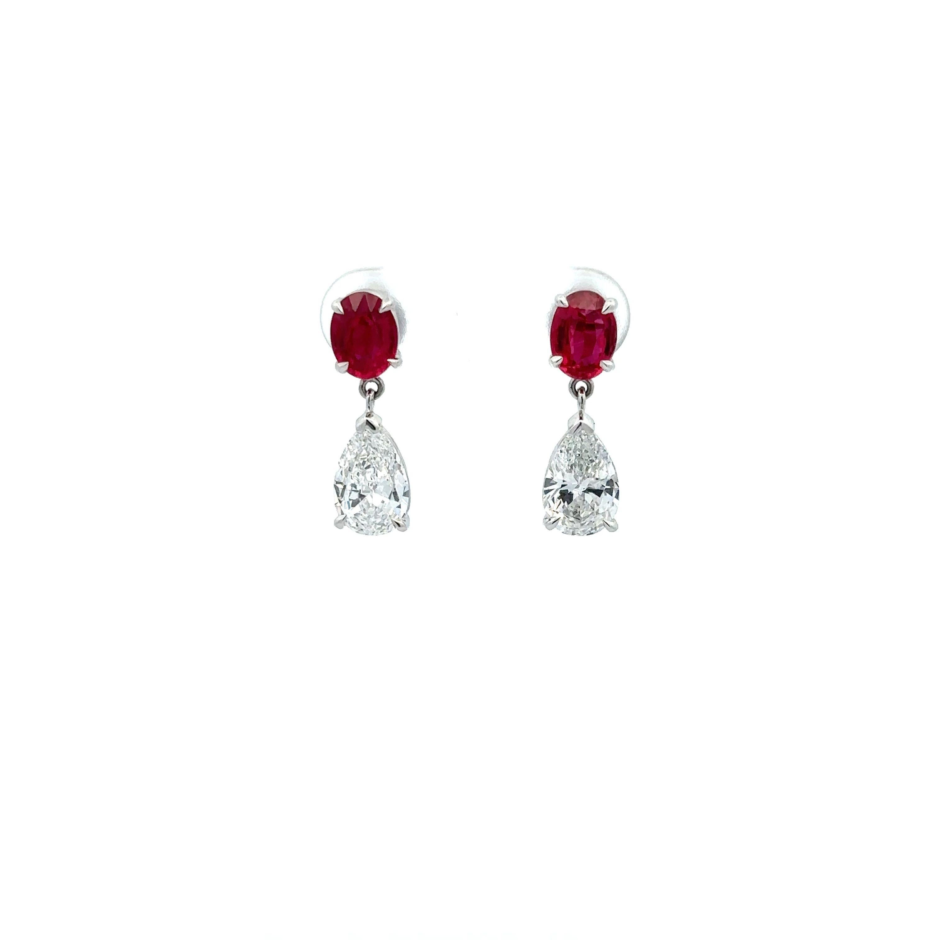 Oval Cut New Platinum 4.22ctw GIA Oval Ruby & Pear Brilliant Diamond Drop Dangle Earrings For Sale