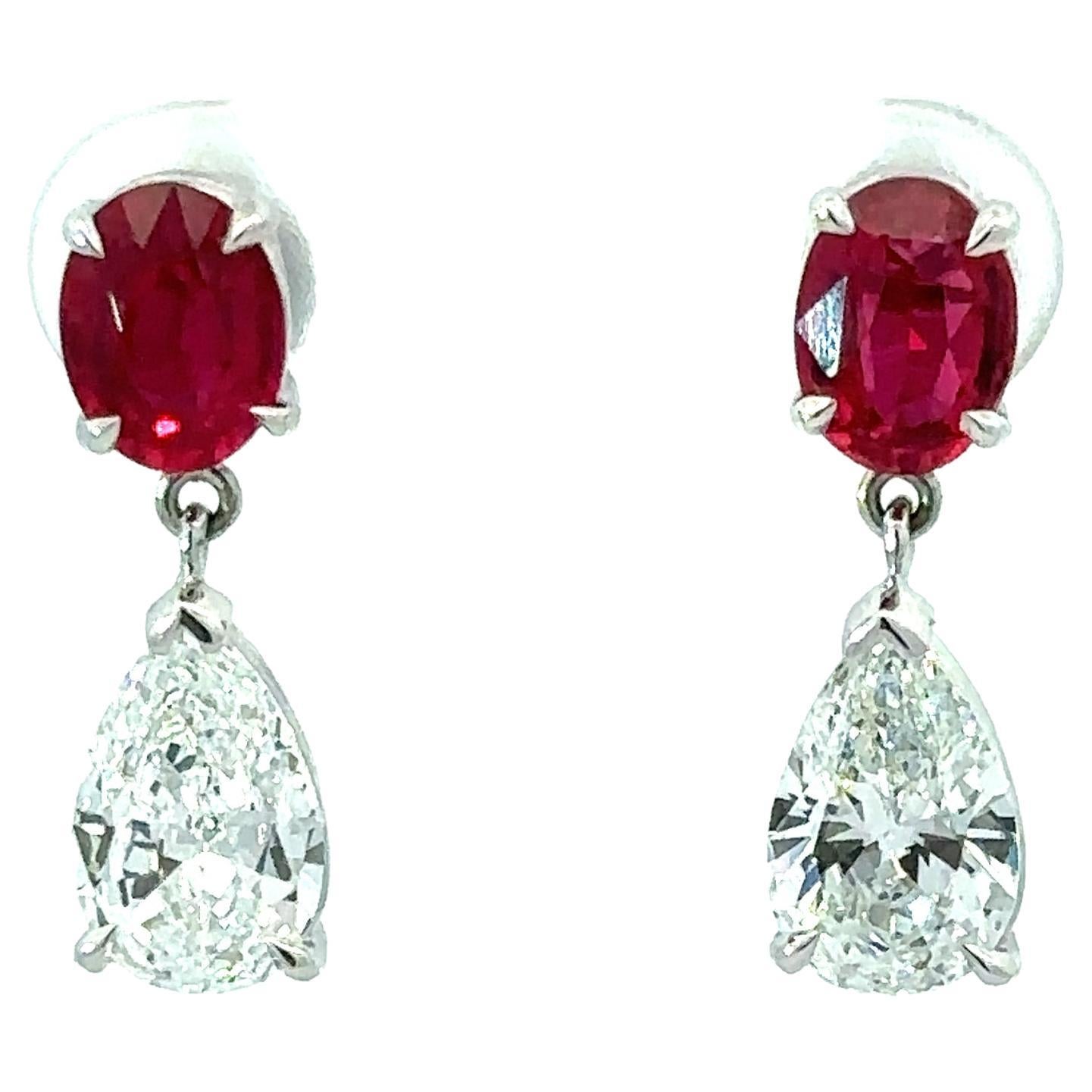 New Platinum 4.22ctw GIA Oval Ruby & Pear Brilliant Diamond Drop Dangle Earrings For Sale
