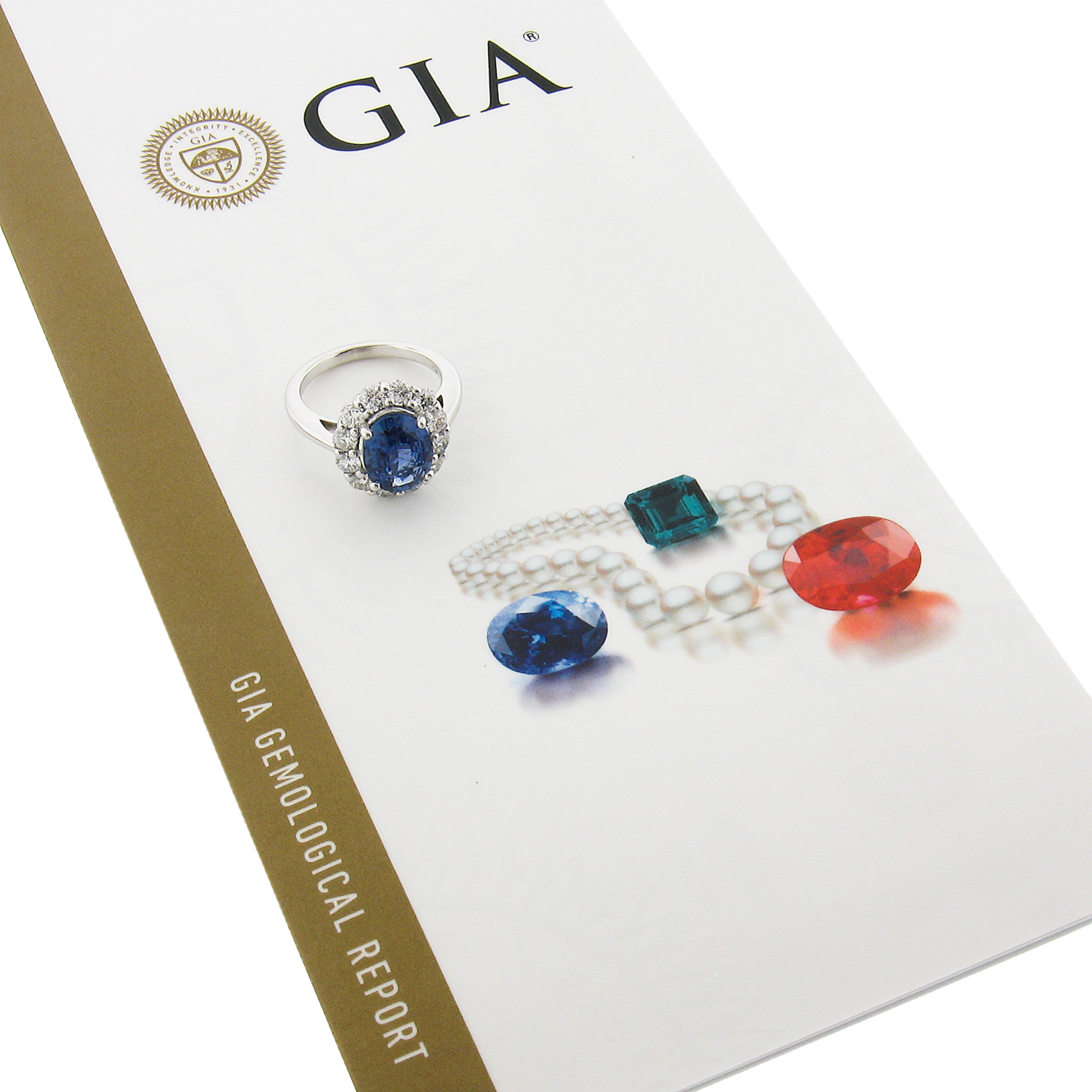 New Platinum 4.79ctw GIA No Heat Oval Blue Sapphire & Diamond Halo Cocktail Ring For Sale 5
