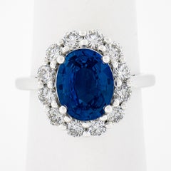 New Platinum 4.79ctw GIA No Heat Oval Blue Sapphire & Diamond Halo Cocktail Ring