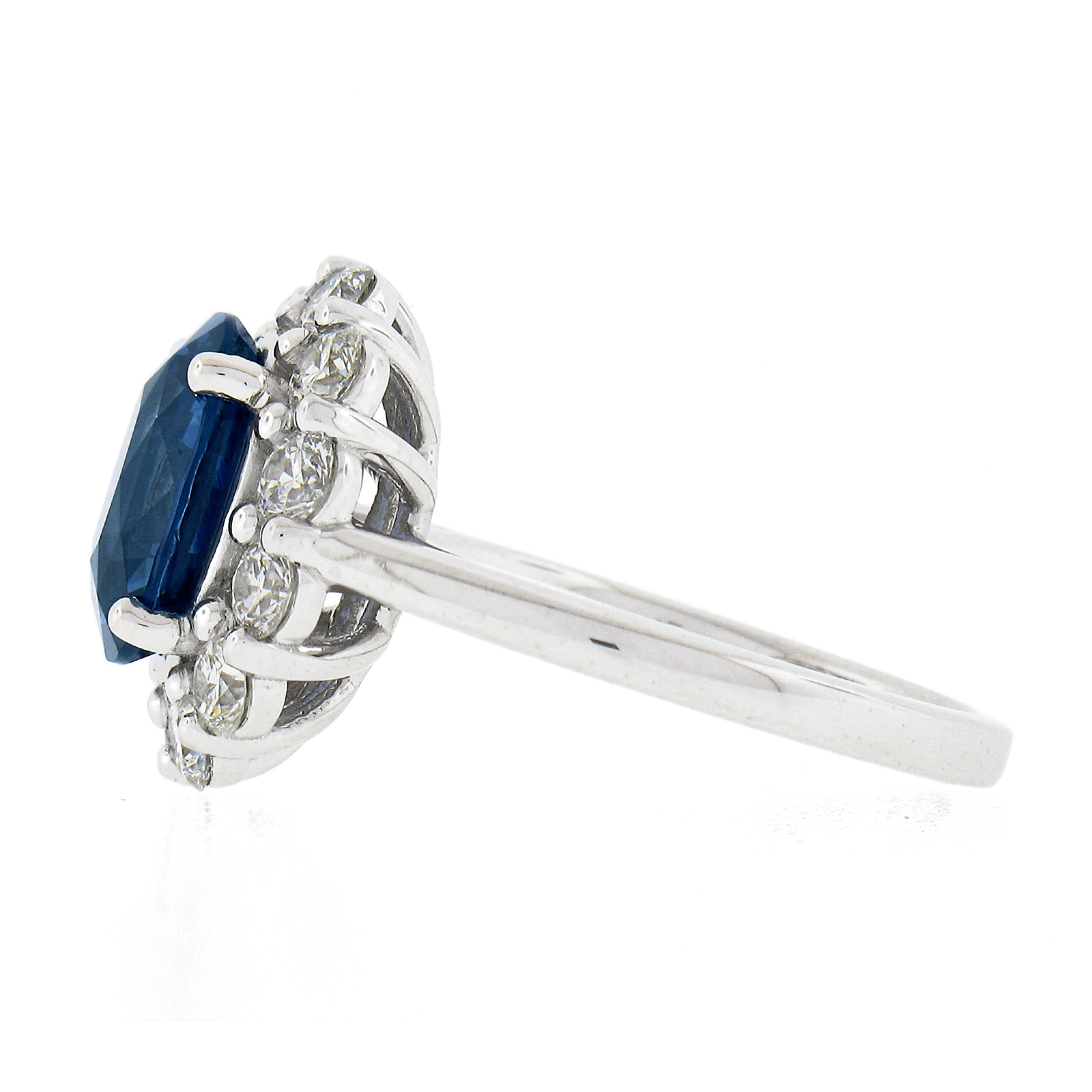 New Platinum 4.79ctw GIA No Heat Oval Blue Sapphire & Diamond Halo Cocktail Ring For Sale 1