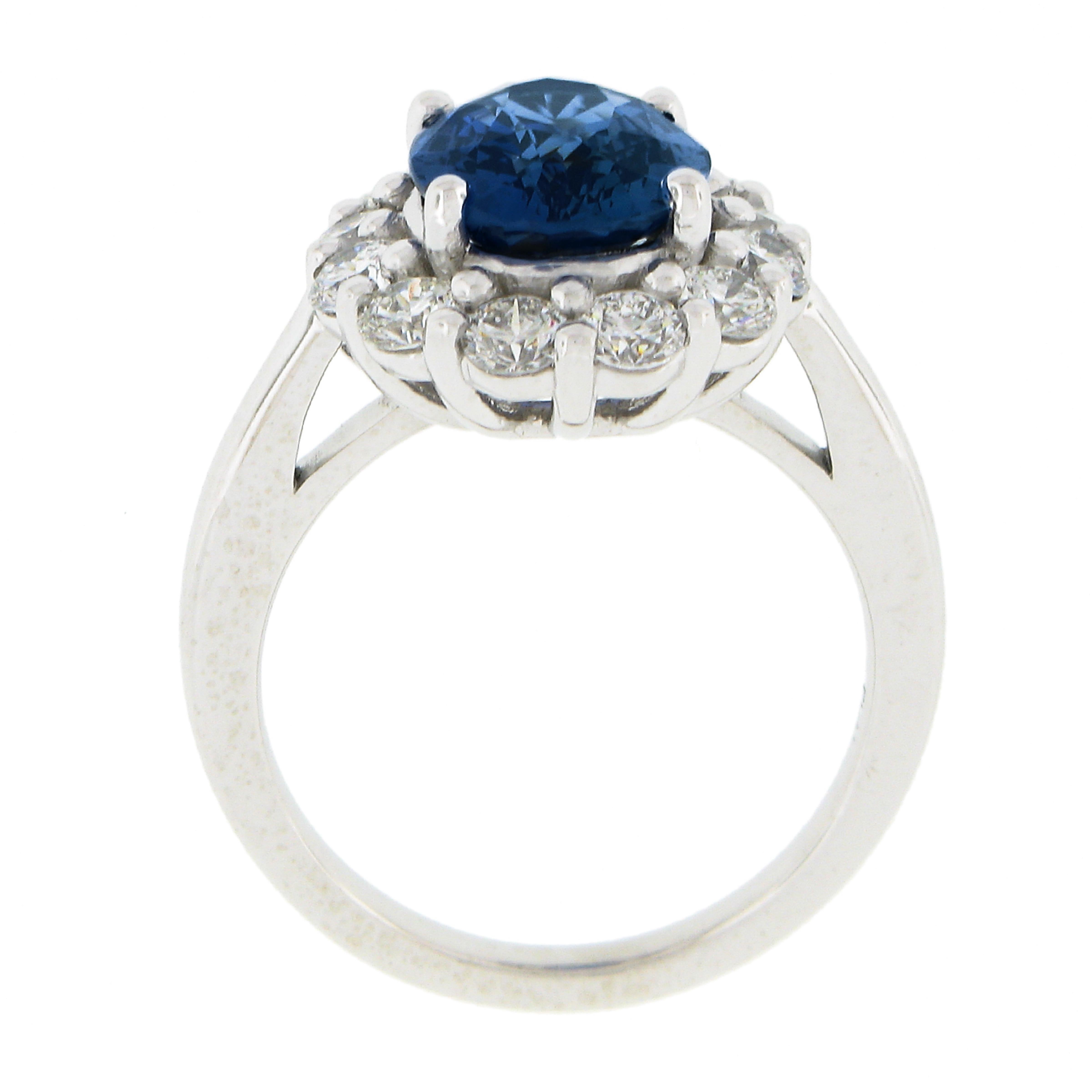 New Platinum 4.79ctw GIA No Heat Oval Blue Sapphire & Diamond Halo Cocktail Ring For Sale 3