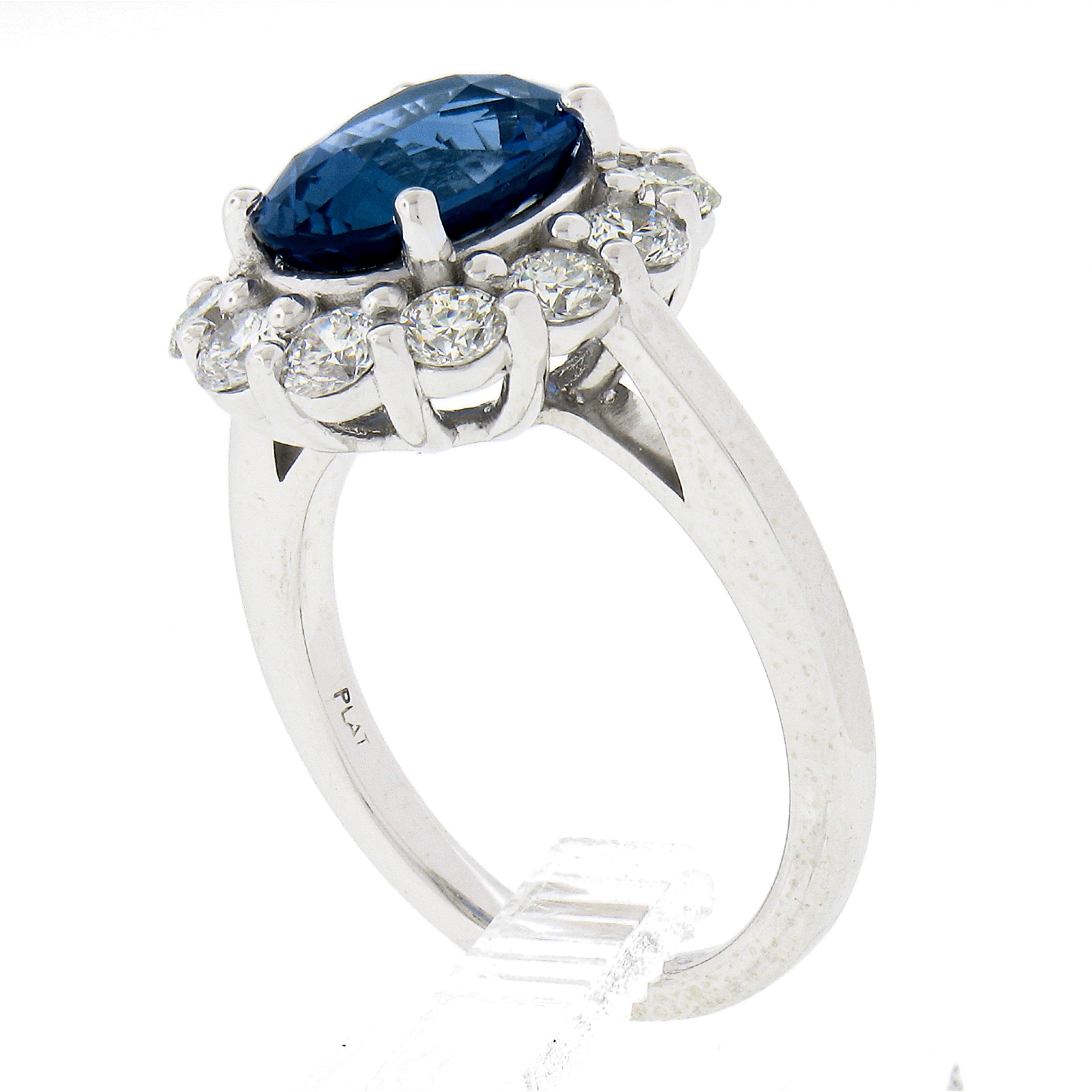 New Platinum 4.79ctw GIA No Heat Oval Blue Sapphire & Diamond Halo Cocktail Ring For Sale 4