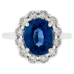 New Platinum 4.79ctw GIA No Heat Oval Blue Sapphire & Diamond Halo Cocktail Ring