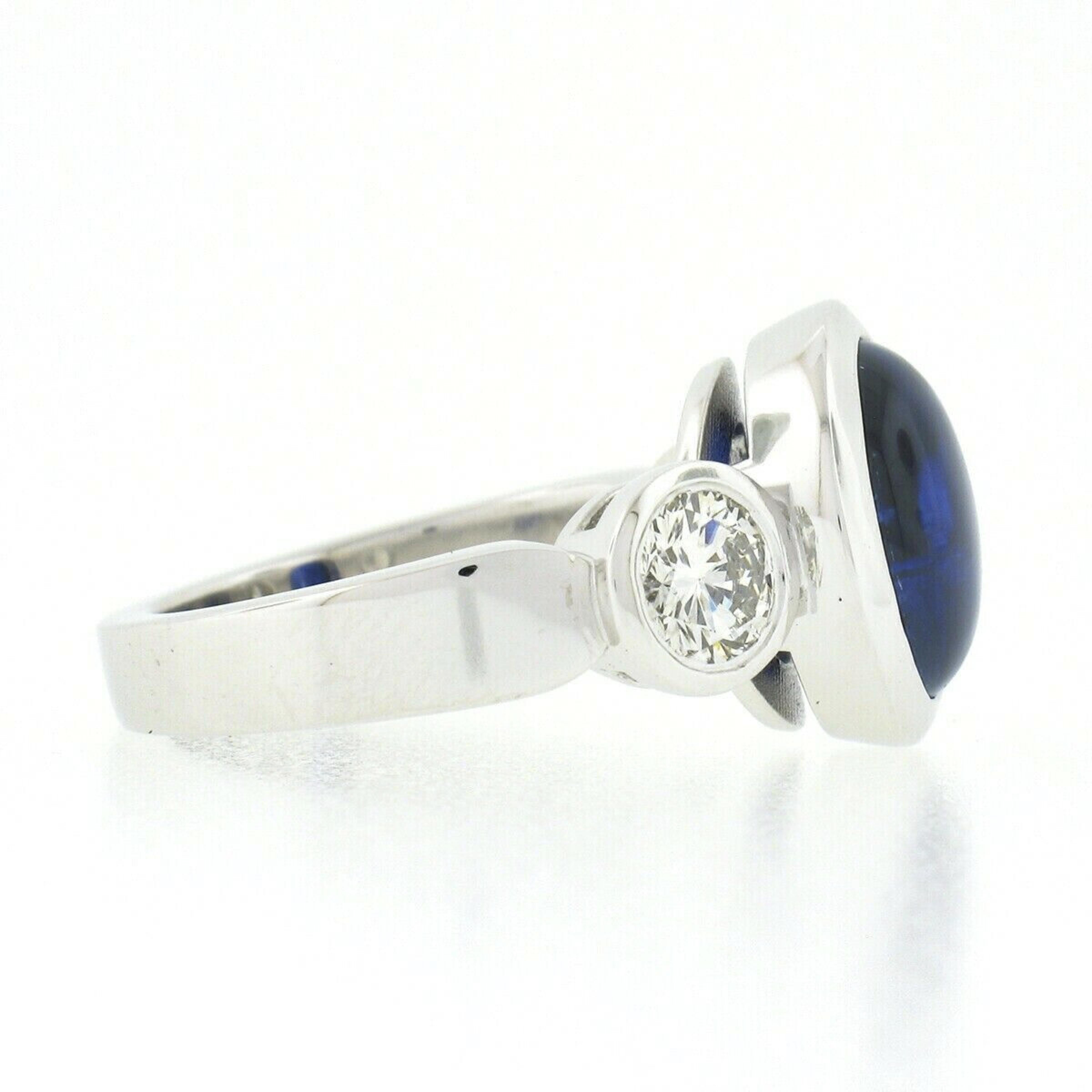 Oval Cut New Platinum 4.99ctw Gubelin Oval Cabochon Bezel Sapphire & Diamond 3 Stone Ring For Sale