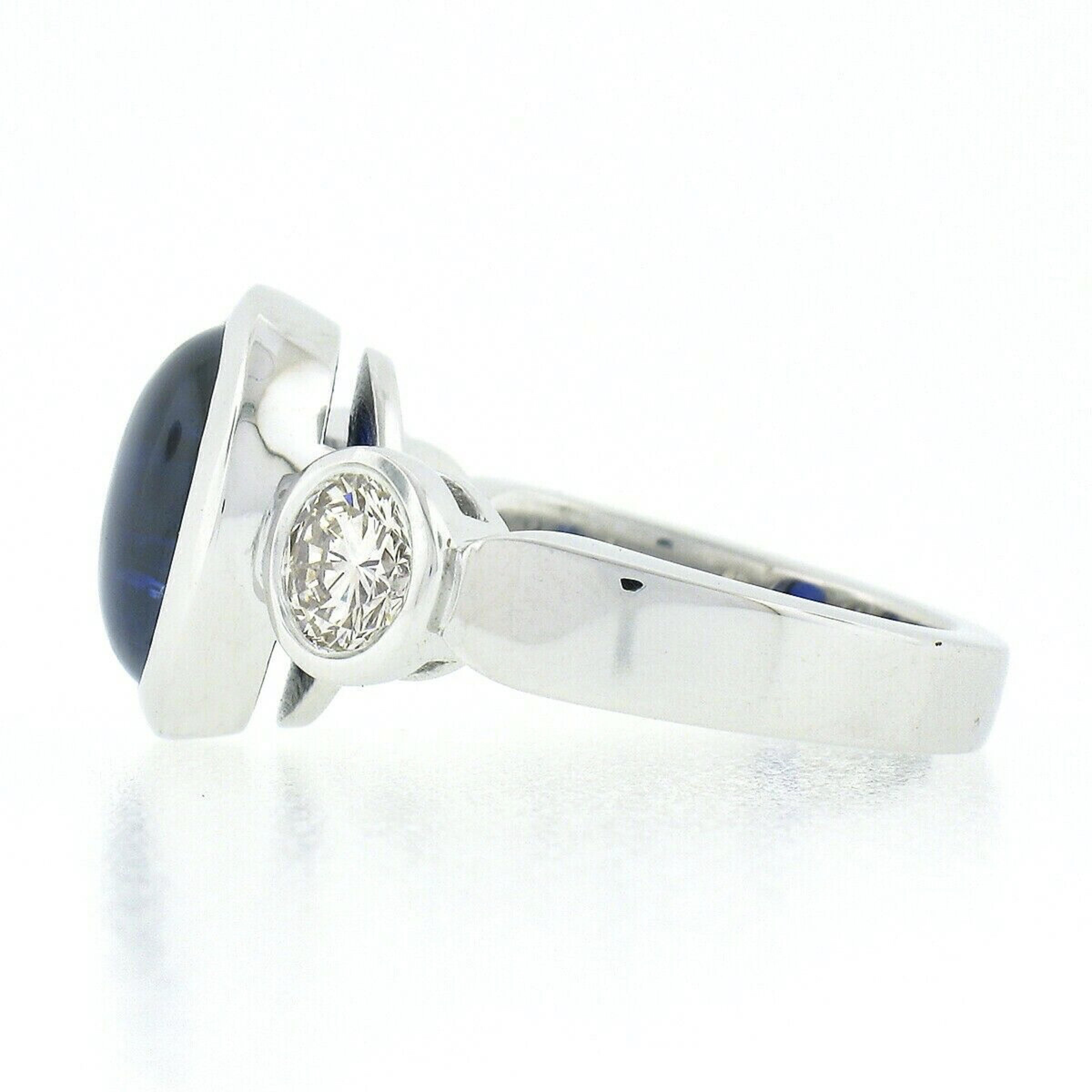 New Platinum 4.99ctw Gubelin Oval Cabochon Bezel Sapphire & Diamond 3 Stone Ring In New Condition For Sale In Montclair, NJ