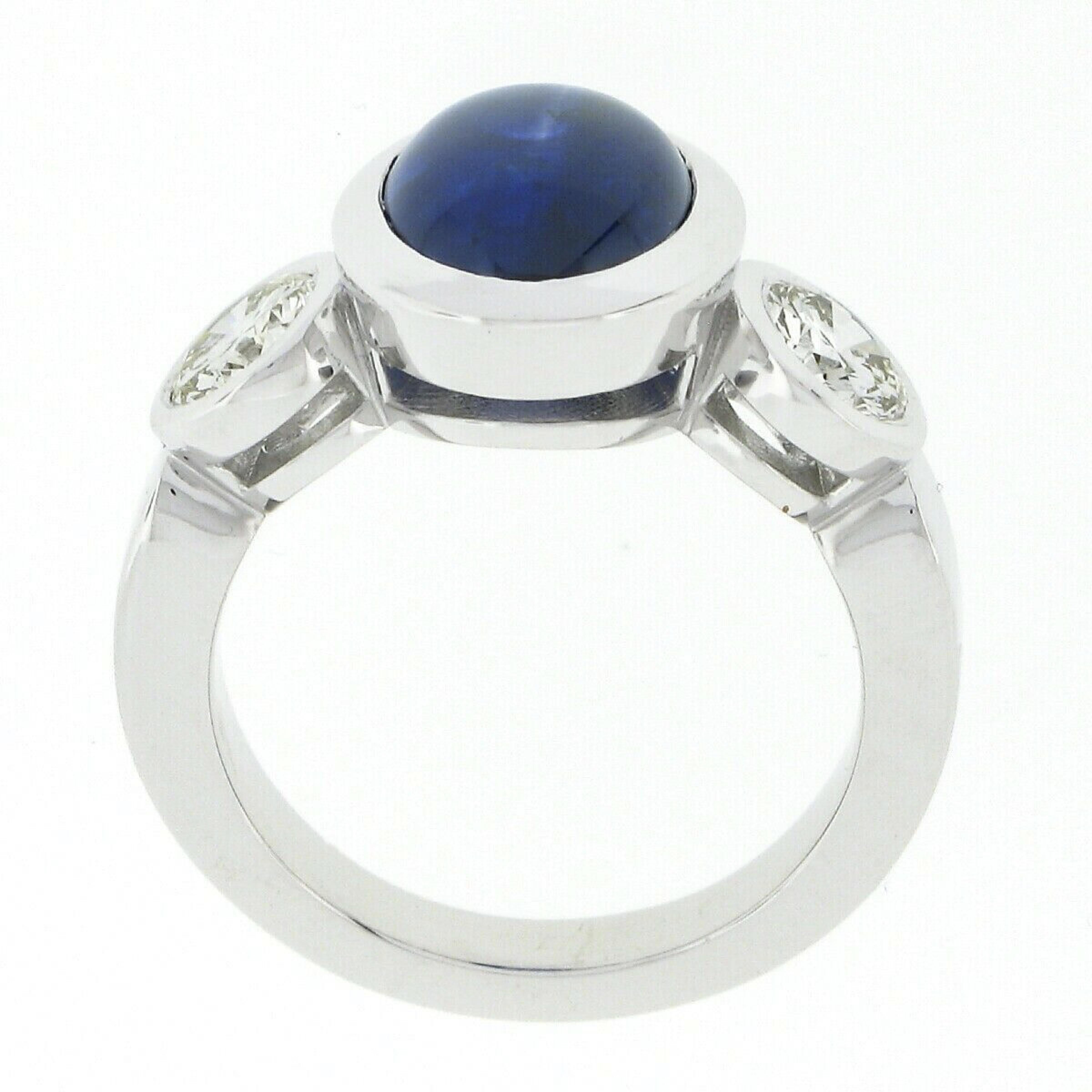 New Platinum 4.99ctw Gubelin Oval Cabochon Bezel Sapphire & Diamond 3 Stone Ring For Sale 1