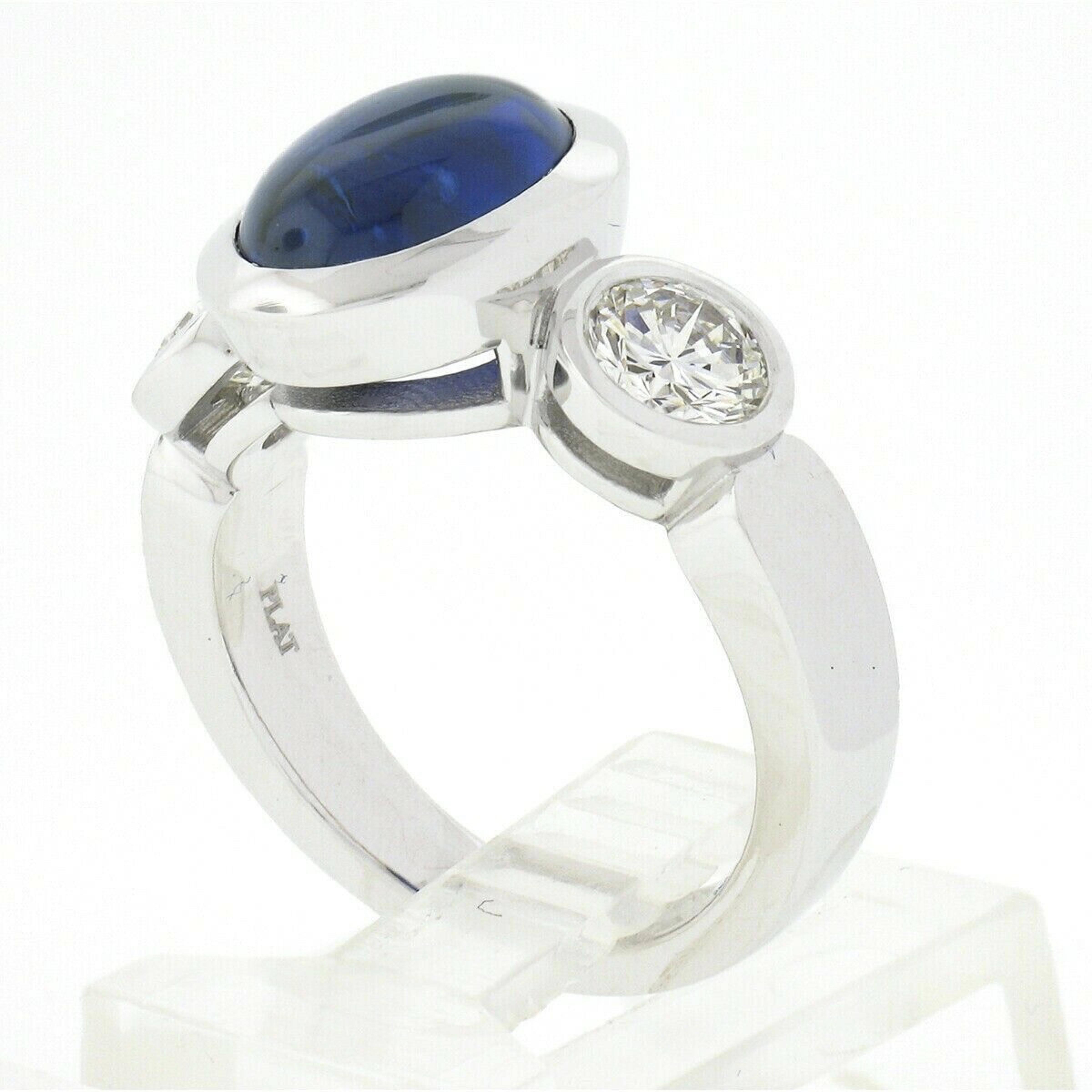 New Platinum 4.99ctw Gubelin Oval Cabochon Bezel Sapphire & Diamond 3 Stone Ring For Sale 2