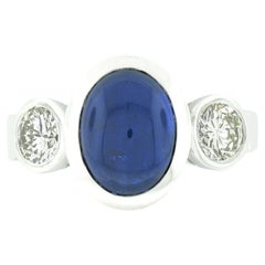 New Platinum 4.99ctw Gubelin Oval Cabochon Bezel Sapphire & Diamond 3 Stone Ring