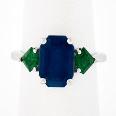 New Platinum 5.32ctw Gubelin Emerald Cut Sapphire & Custom Cut Emerald Ring