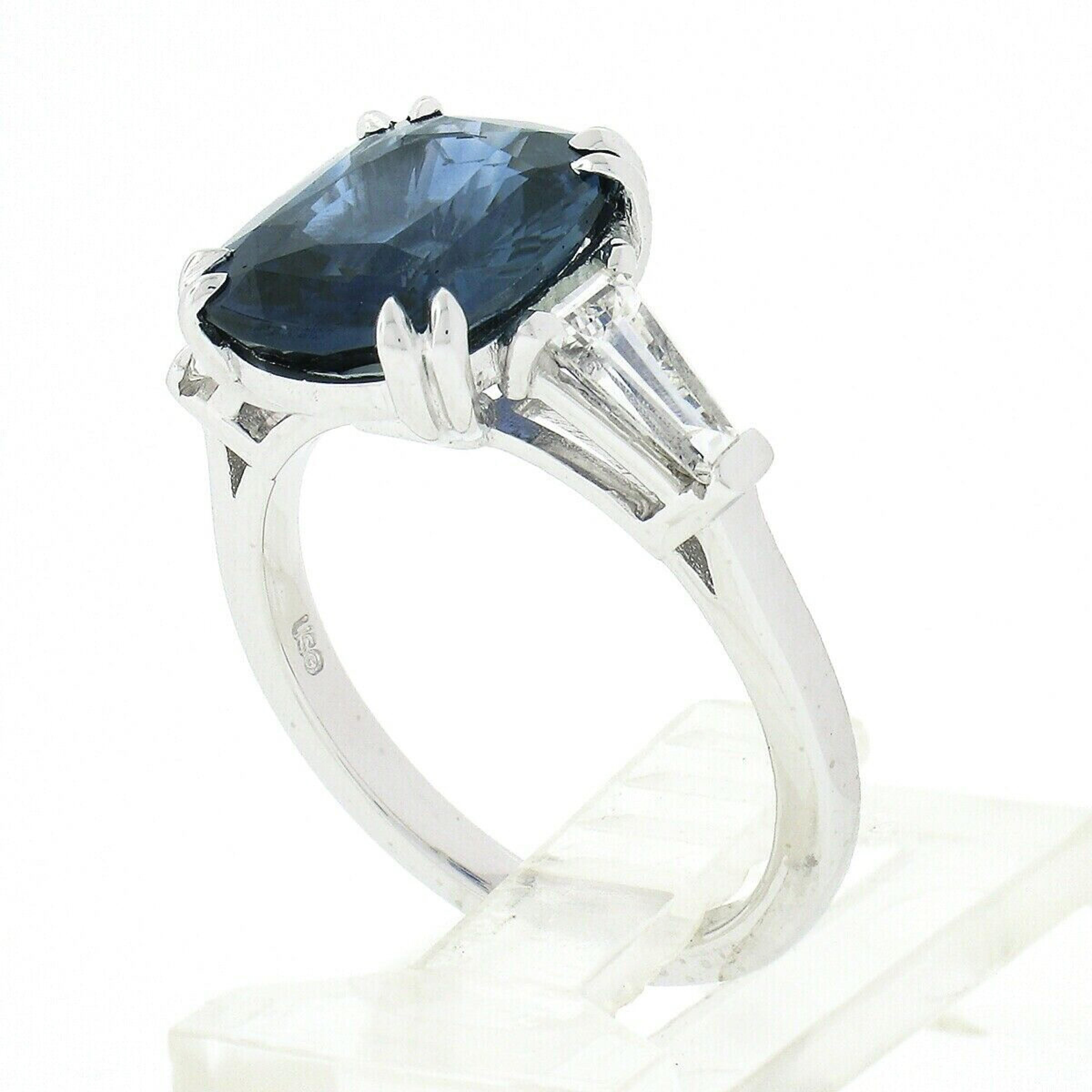 New Platinum 5.44ct GIA No Heat Cushion Sapphire & Baguette Diamond 3 Stone Ring 5
