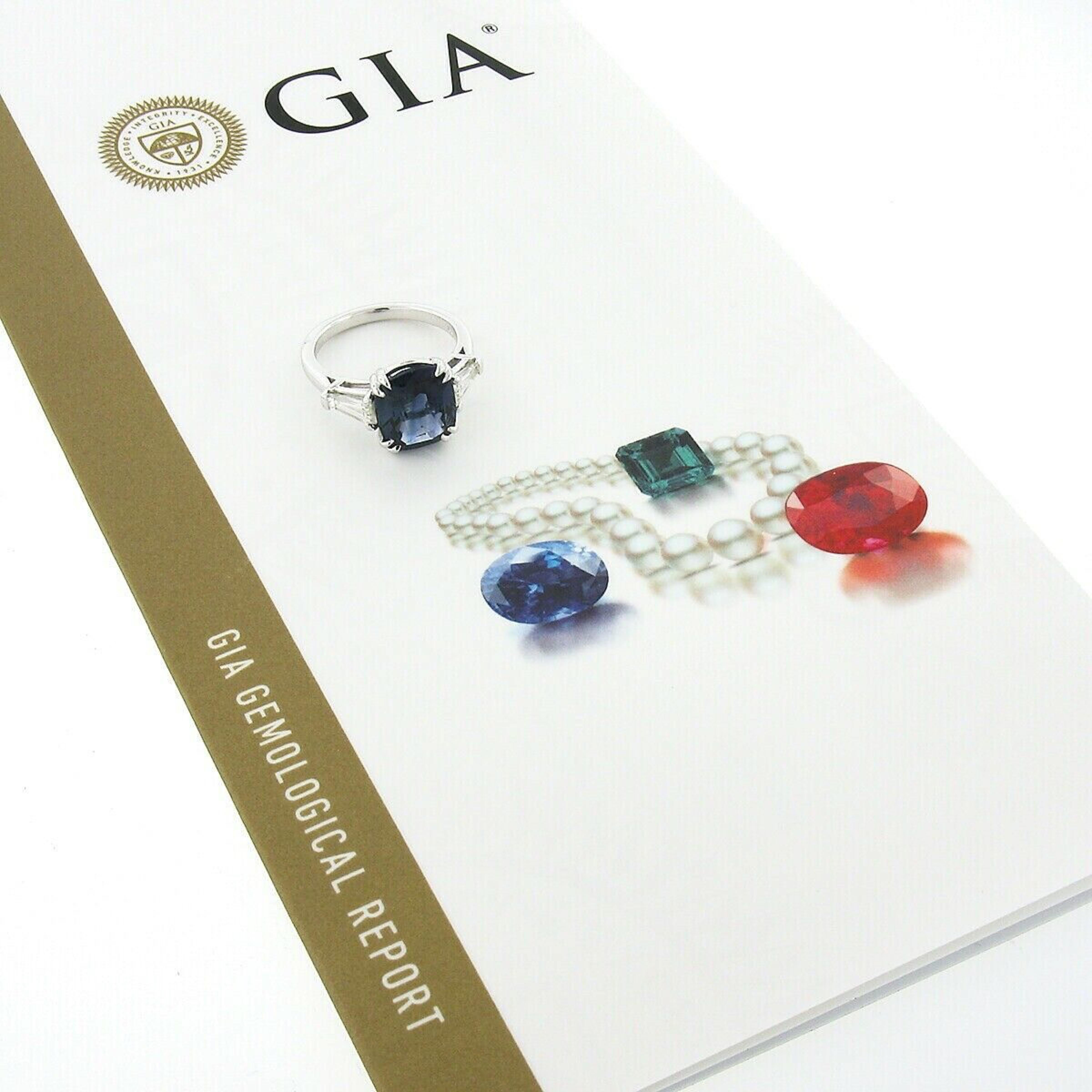 Cushion Cut New Platinum 5.44ct GIA No Heat Cushion Sapphire & Baguette Diamond 3 Stone Ring