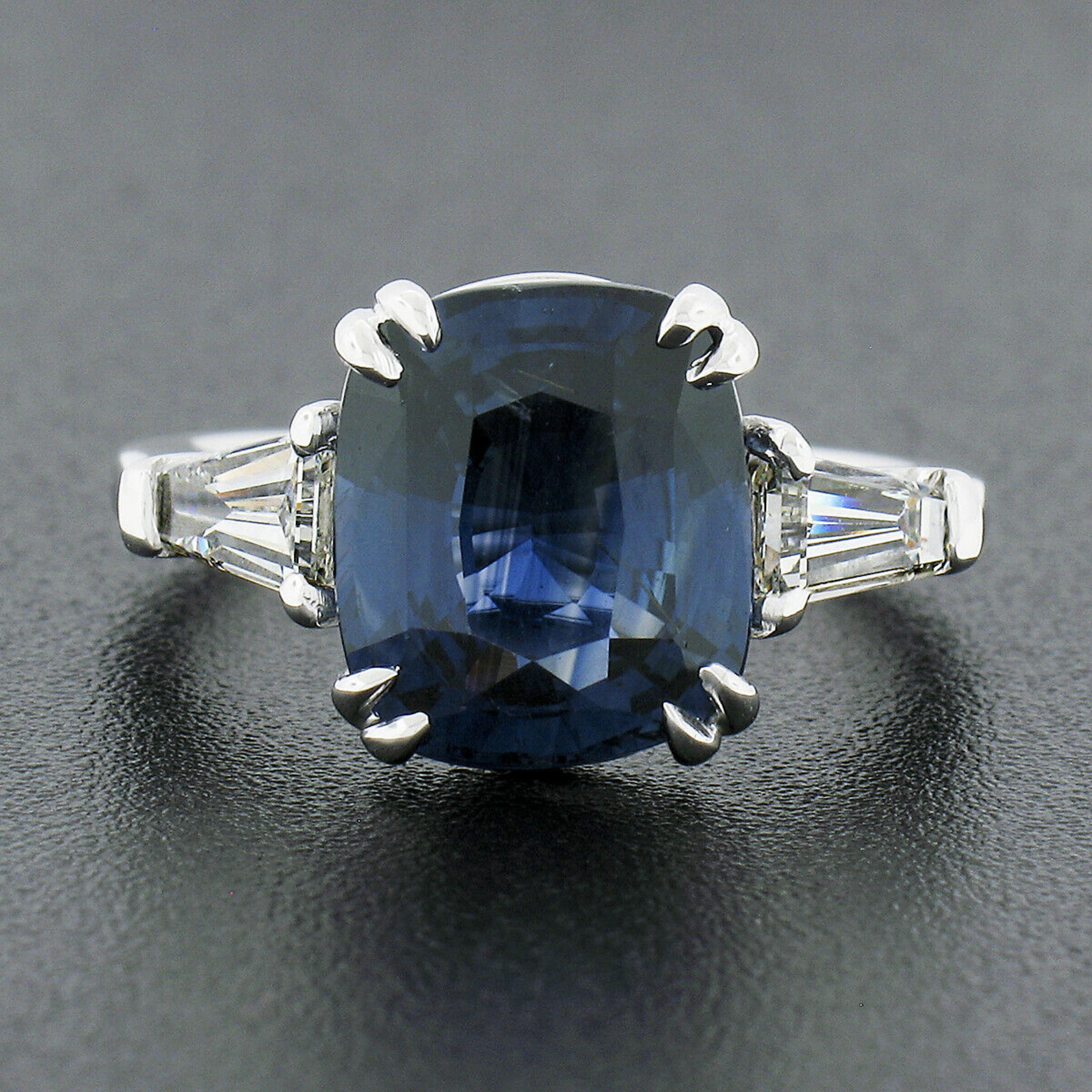 New Platinum 5.44ct GIA No Heat Cushion Sapphire & Baguette Diamond 3 Stone Ring In New Condition In Montclair, NJ