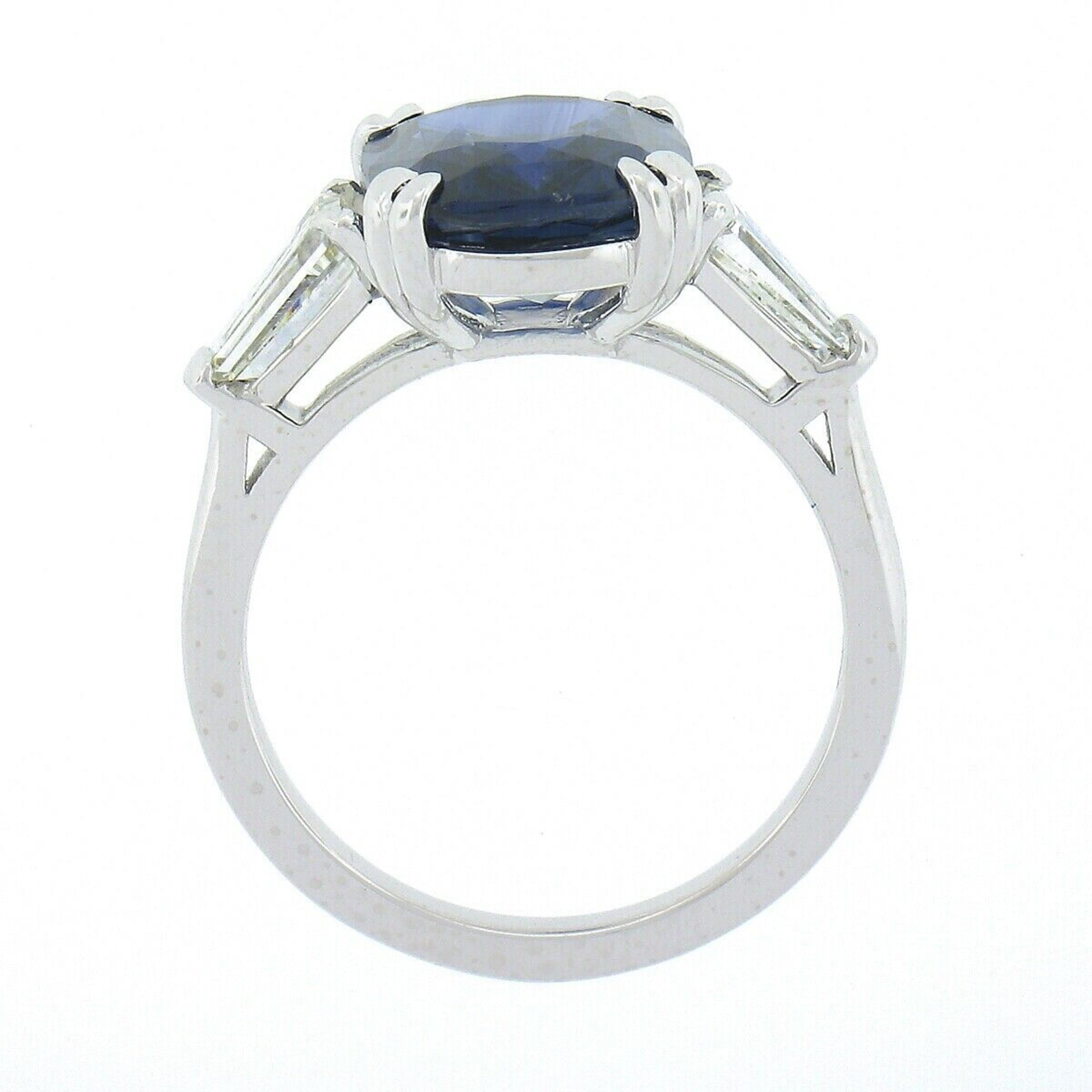 New Platinum 5.44ct GIA No Heat Cushion Sapphire & Baguette Diamond 3 Stone Ring 4