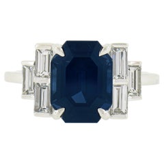NEW Platinum 5.6ct Gubelin Emerald Cut Sapphire Solitaire & Channel Diamond Ring