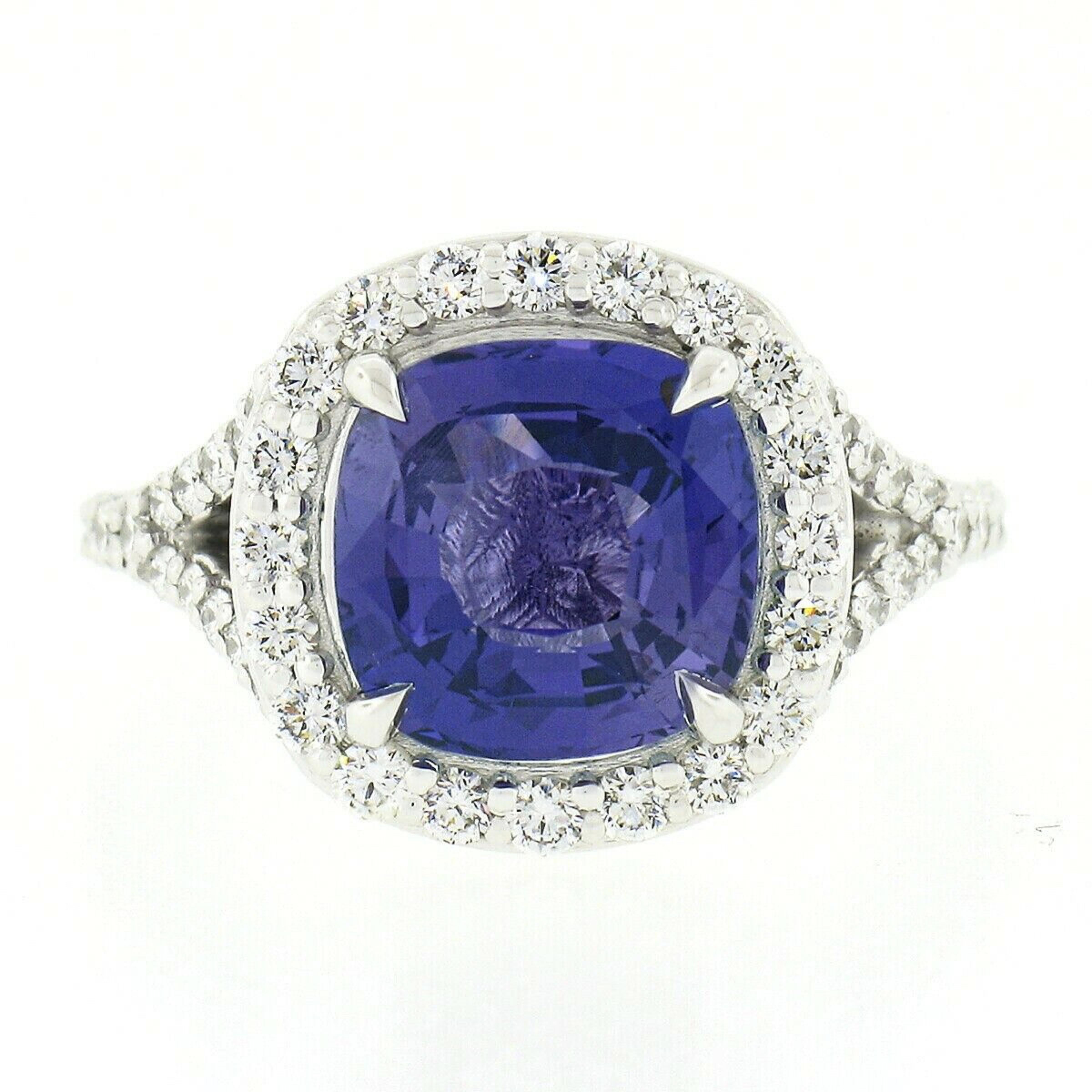 New Platinum 5ct GIA Ceylon No Heat Purple Sapphire Diamond Halo Engagement Ring In New Condition In Montclair, NJ