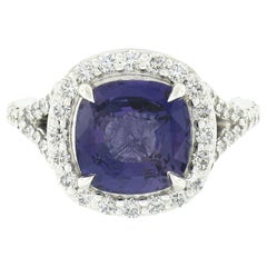 Bague de fiançailles halo en platine avec saphir violet de Ceylan non chauffé 5 carats certifié par le GIA et diamants