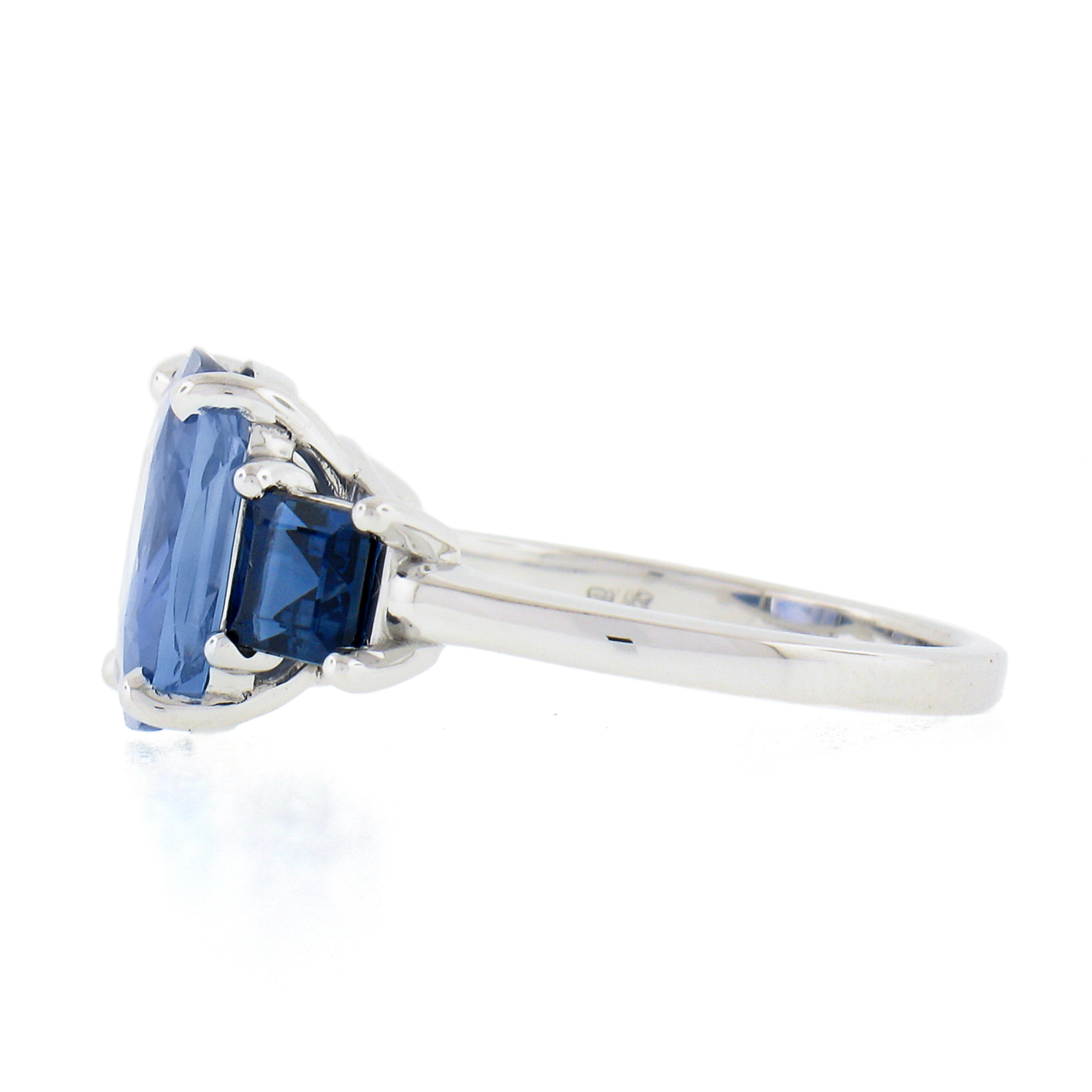 Women's New Platinum 6.12 Ctw GIA Cushion Ceylon Light & Dark Blue Sapphire 3 Stone Ring