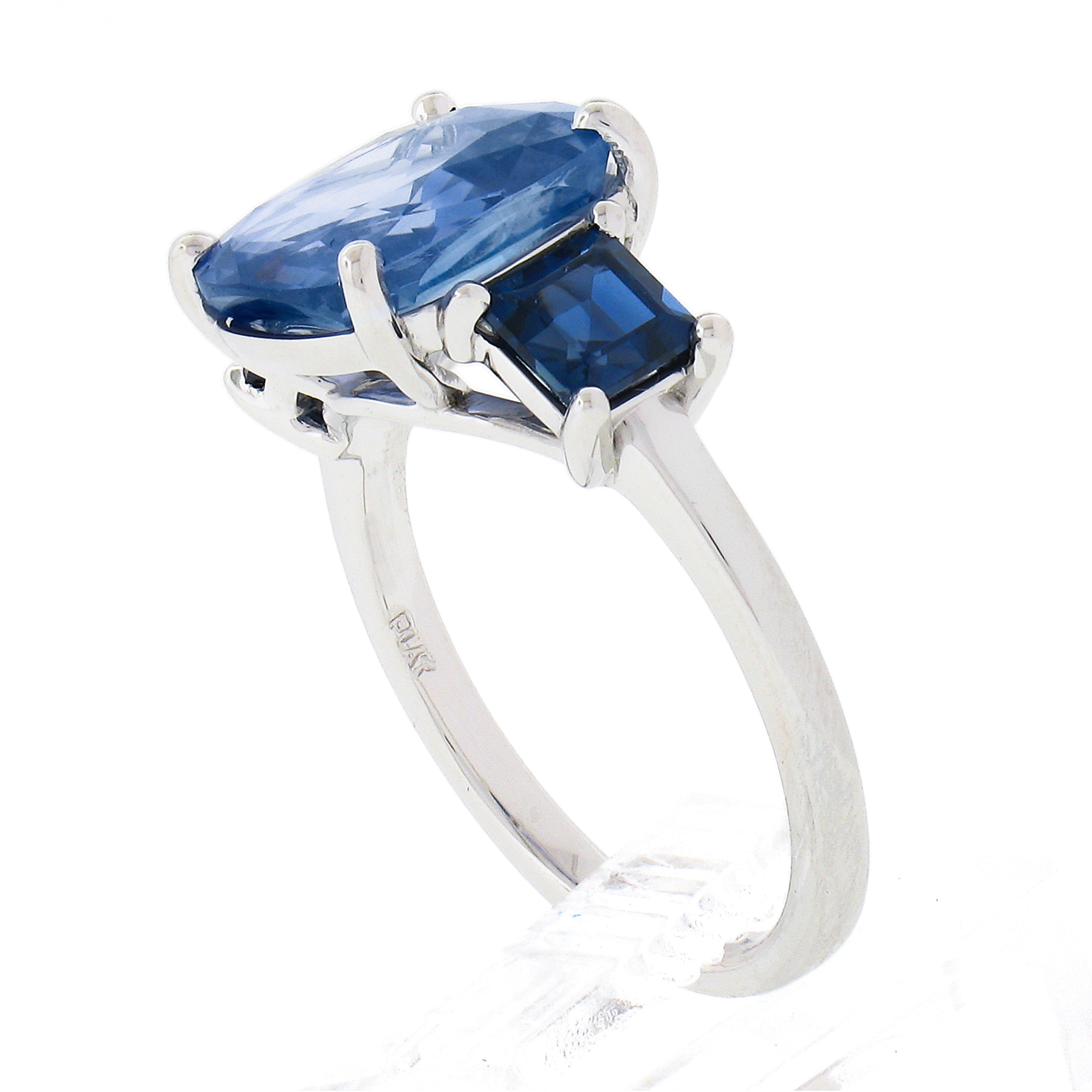 New Platinum 6.12 Ctw GIA Cushion Ceylon Light & Dark Blue Sapphire 3 Stone Ring 3