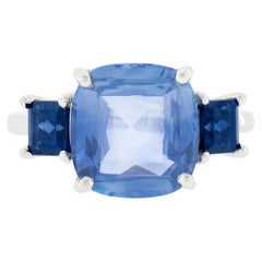 New Platinum 6.12 Ctw GIA Cushion Ceylon Light & Dark Blue Sapphire 3 Stone Ring