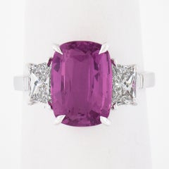 New Platinum 6.13ctw AGL Cushion Pink Sapphire & Long Trapezoid Diamond Ring