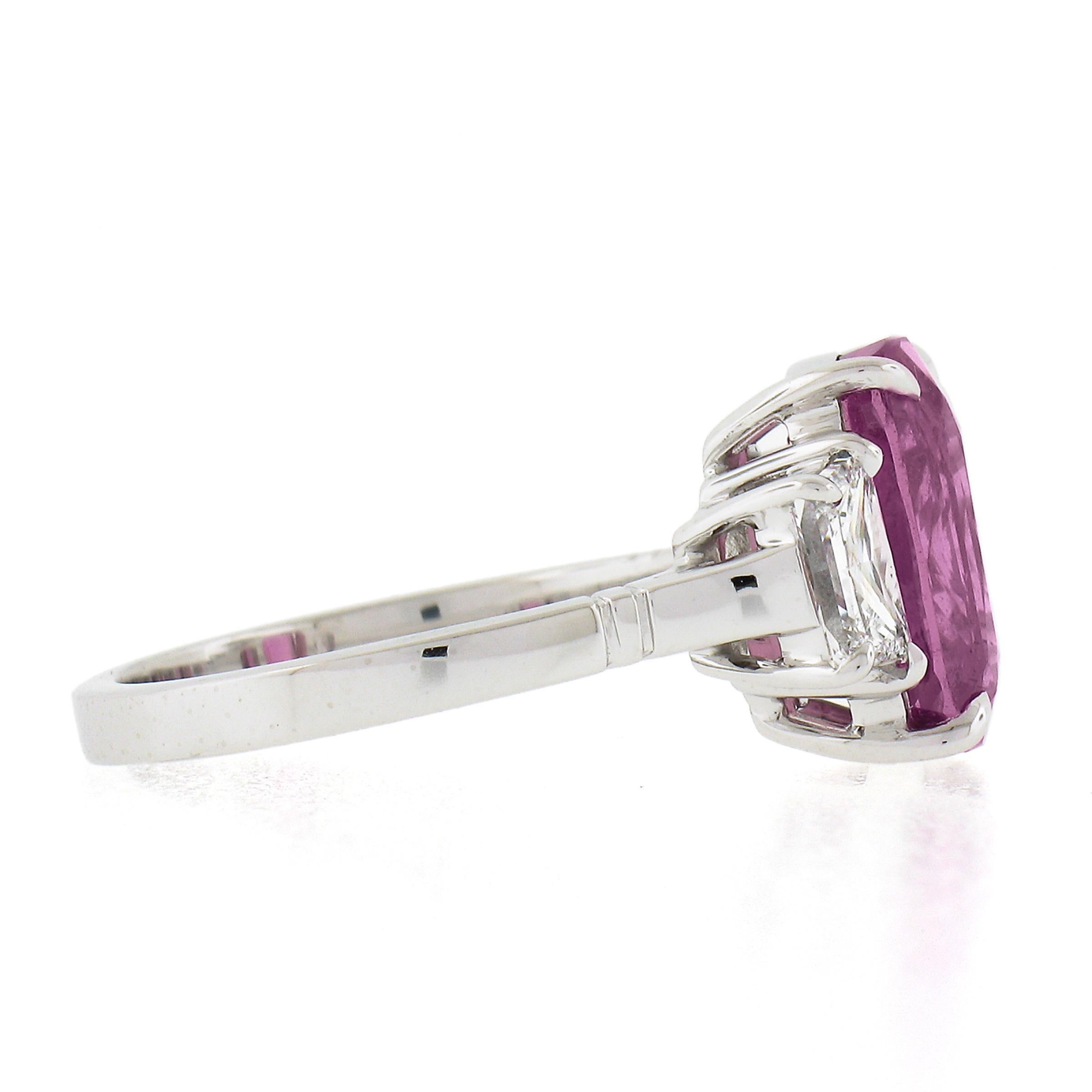 New Platinum 6.13ctw AGL Cushion Pink Sapphire & Long Trapezoid Diamond Ring In New Condition For Sale In Montclair, NJ