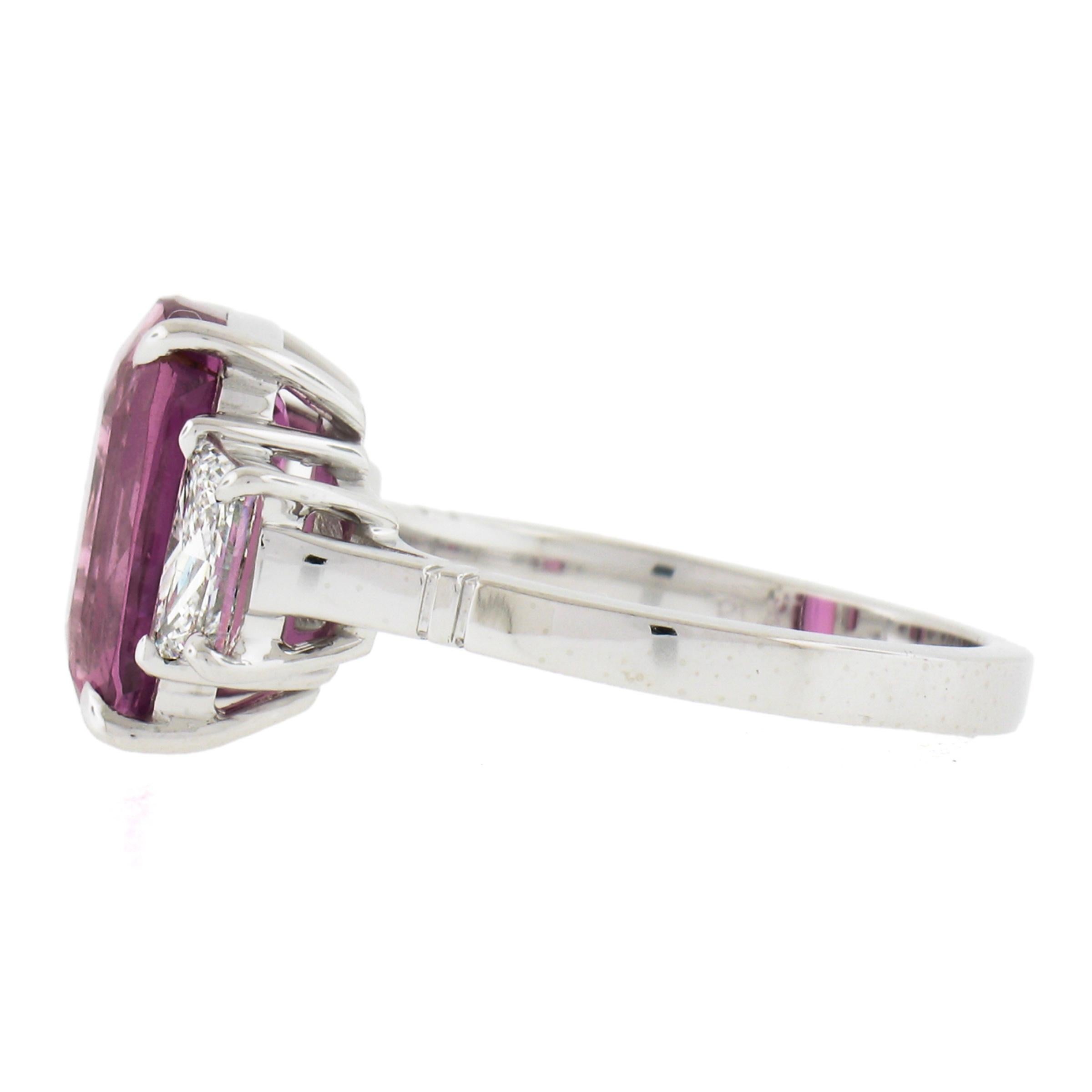 Women's New Platinum 6.13ctw AGL Cushion Pink Sapphire & Long Trapezoid Diamond Ring For Sale