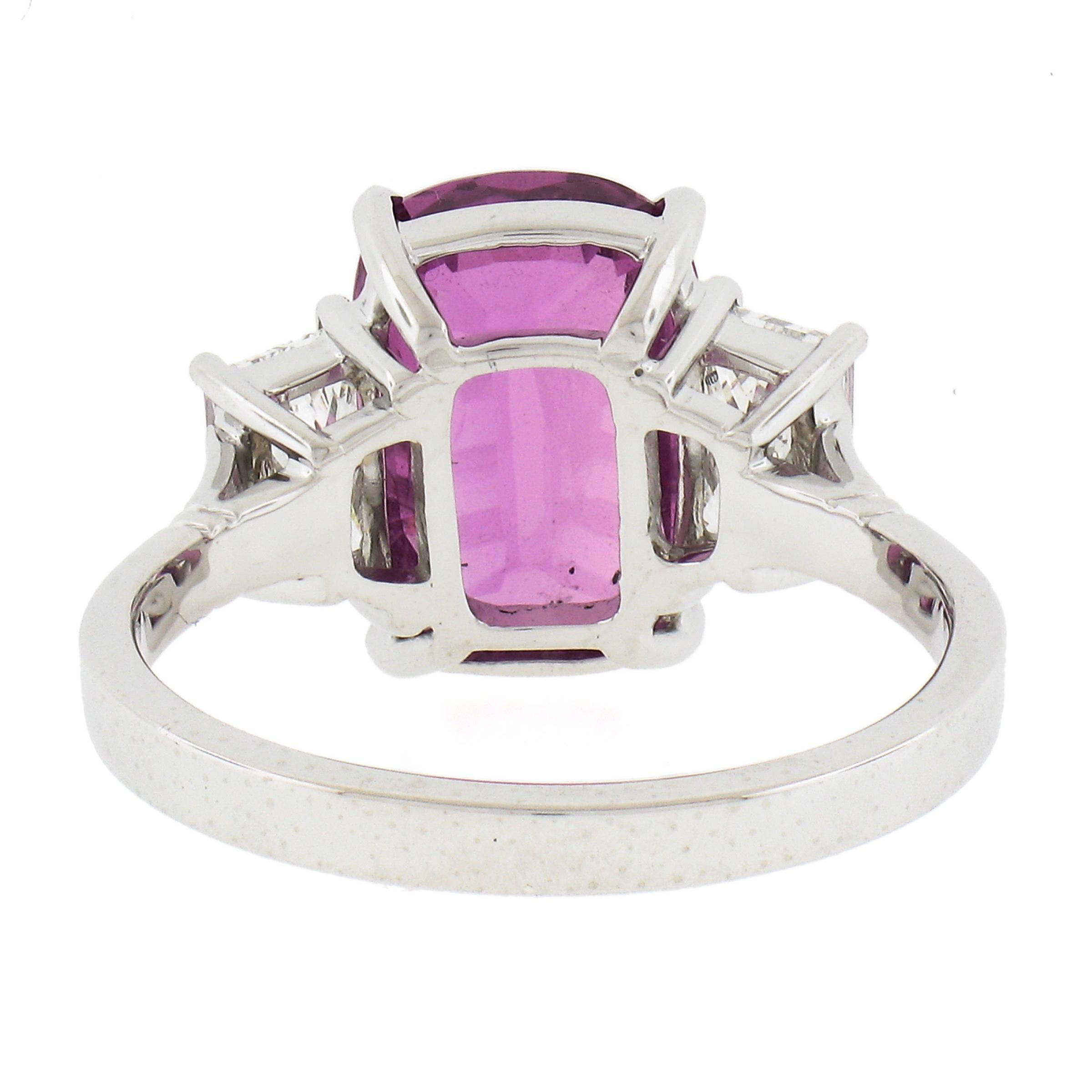 New Platinum 6.13ctw AGL Cushion Pink Sapphire & Long Trapezoid Diamond Ring For Sale 1