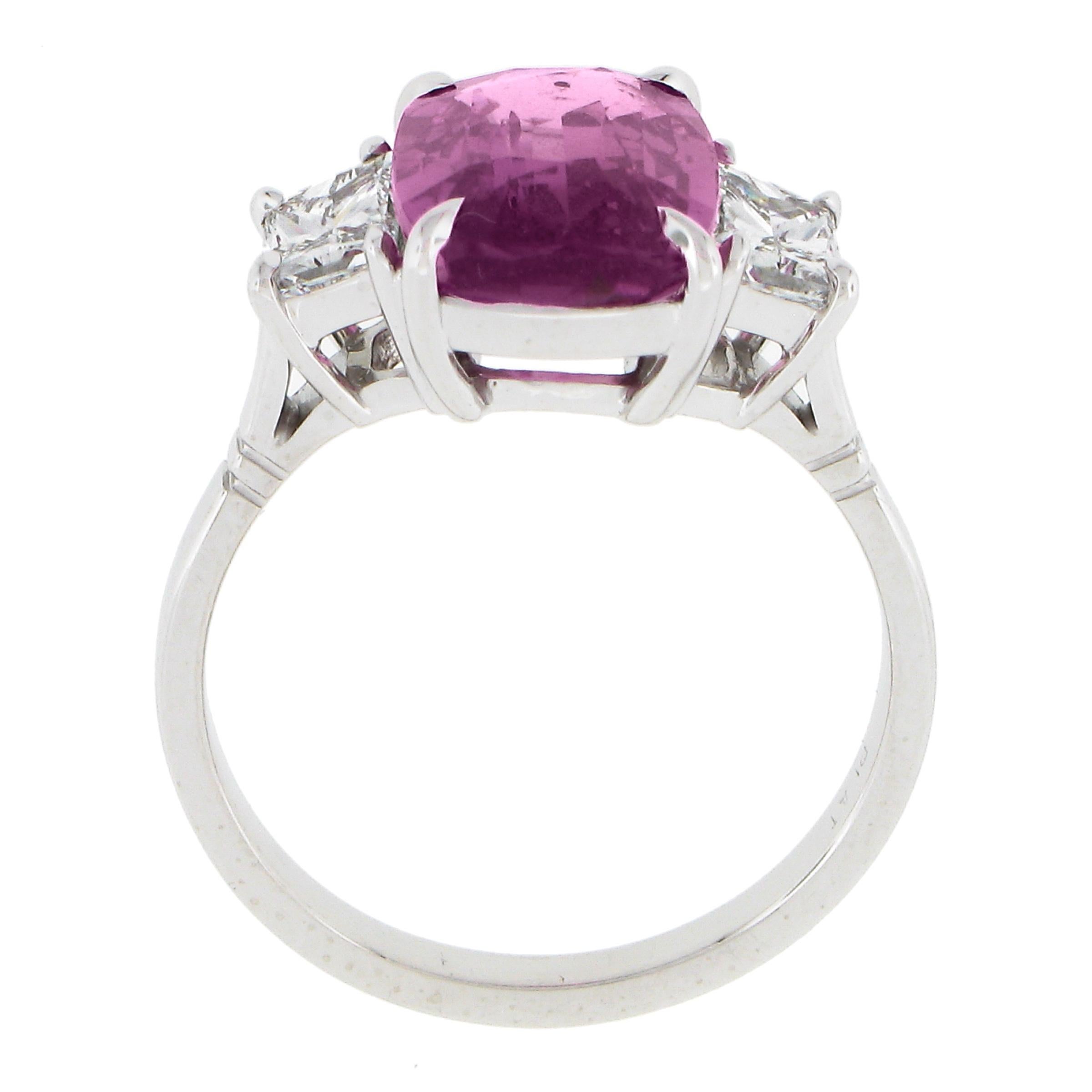 New Platinum 6.13ctw AGL Cushion Pink Sapphire & Long Trapezoid Diamond Ring For Sale 2