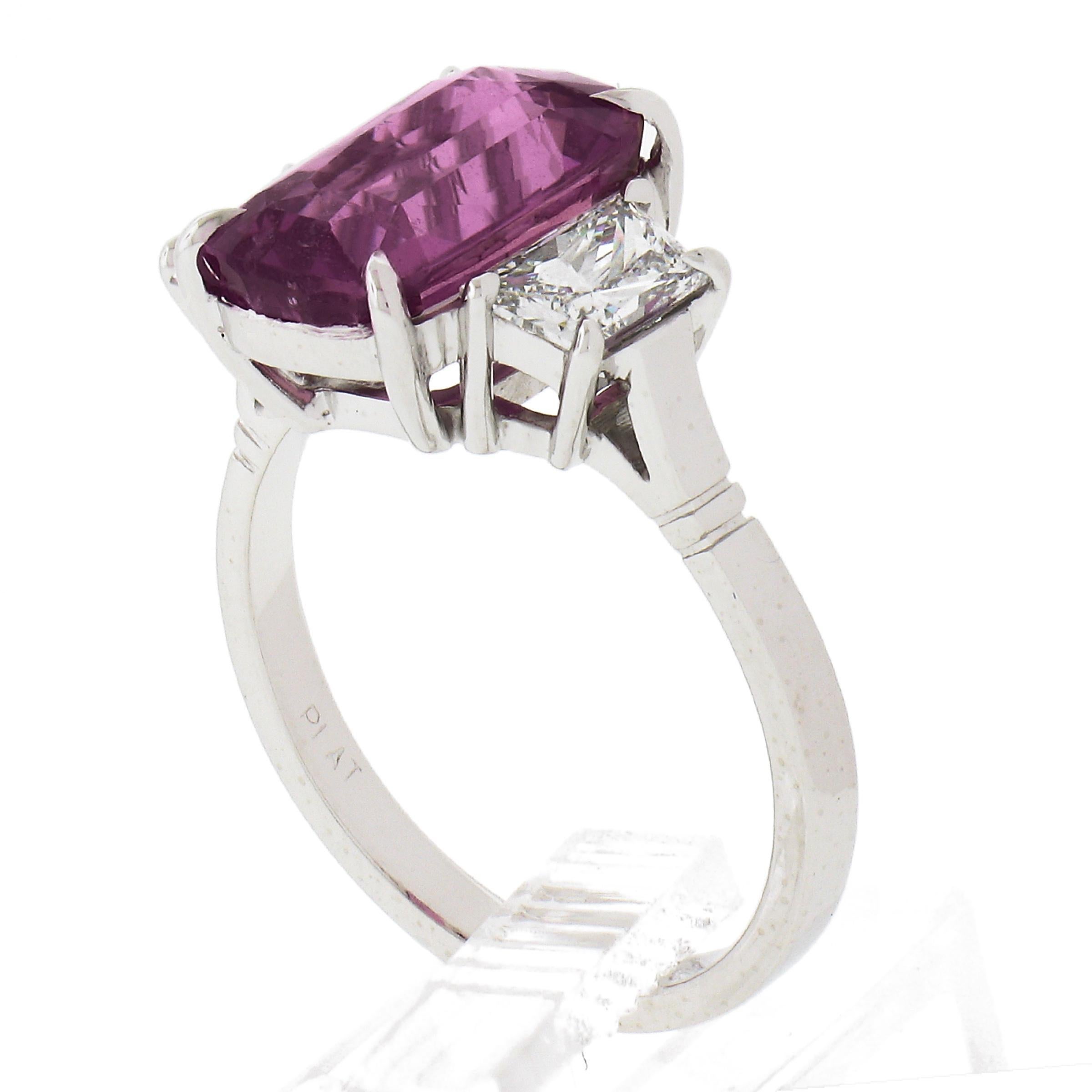 New Platinum 6.13ctw AGL Cushion Pink Sapphire & Long Trapezoid Diamond Ring For Sale 3
