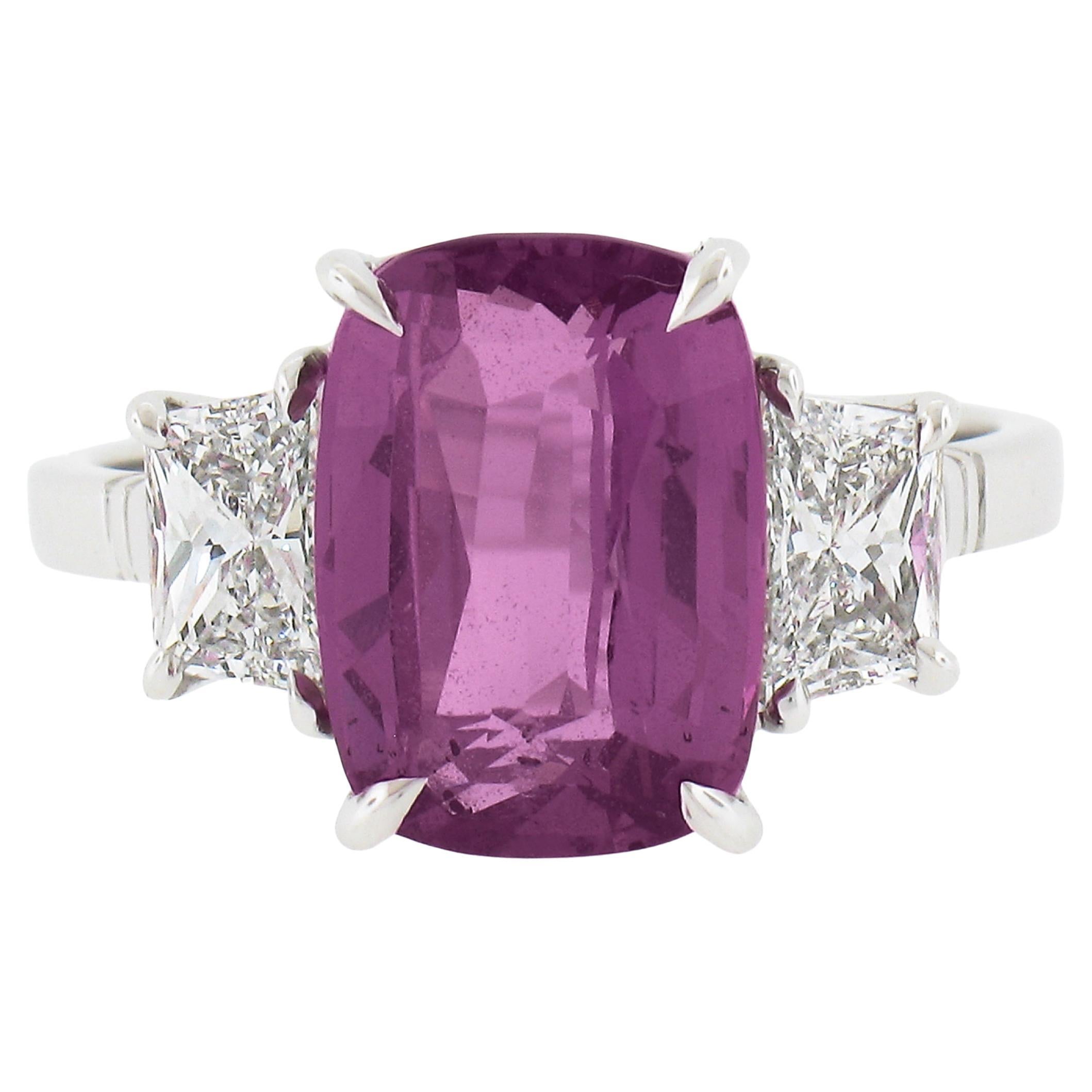 New Platinum 6.13ctw AGL Cushion Pink Sapphire & Long Trapezoid Diamond Ring For Sale