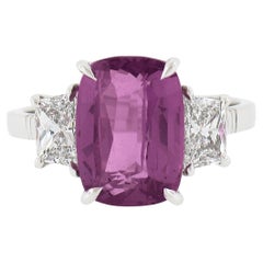 New Platinum 6.13ctw AGL Cushion Pink Sapphire & Long Trapezoid Diamond Ring