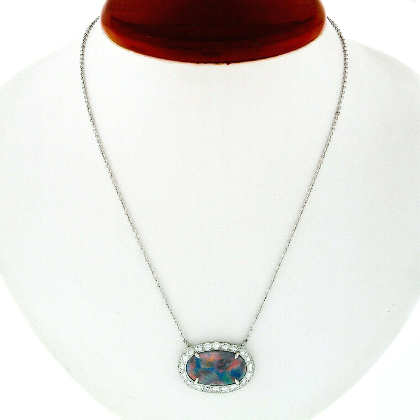 New Platinum 6.4ctw GIA Oval Cabochon Fiery Gray Opal Round Diamond Halo Pendant In New Condition In Montclair, NJ