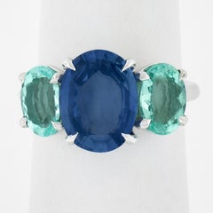 New Platinum 6.52ctw GIA No Heat Oval Sapphire & Paraiba Tourmaline 3 Stone Ring