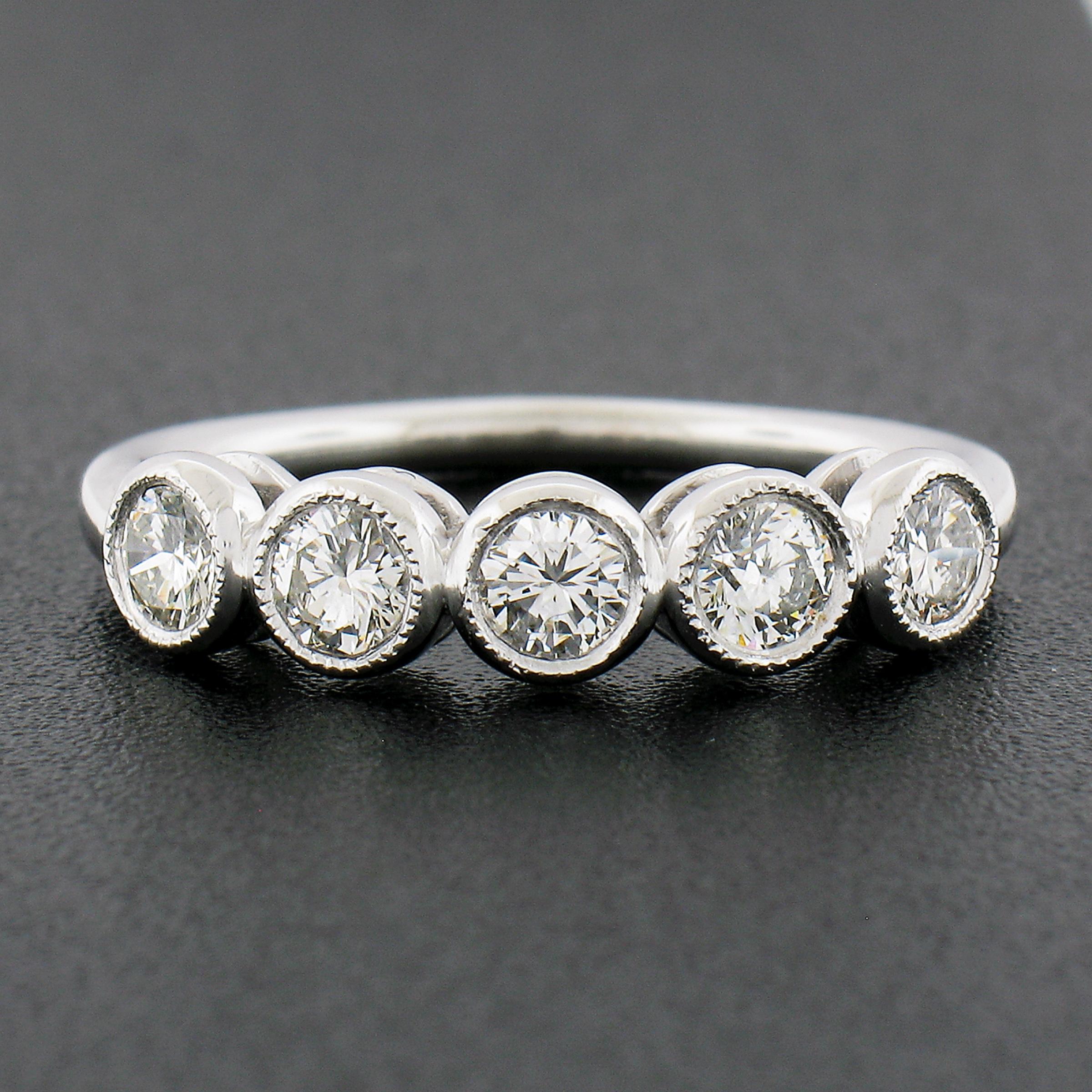 Round Cut NEW Platinum .68ctw Milgrain Bezel Round Diamond 5 Stone Stack Wedding Band Ring For Sale