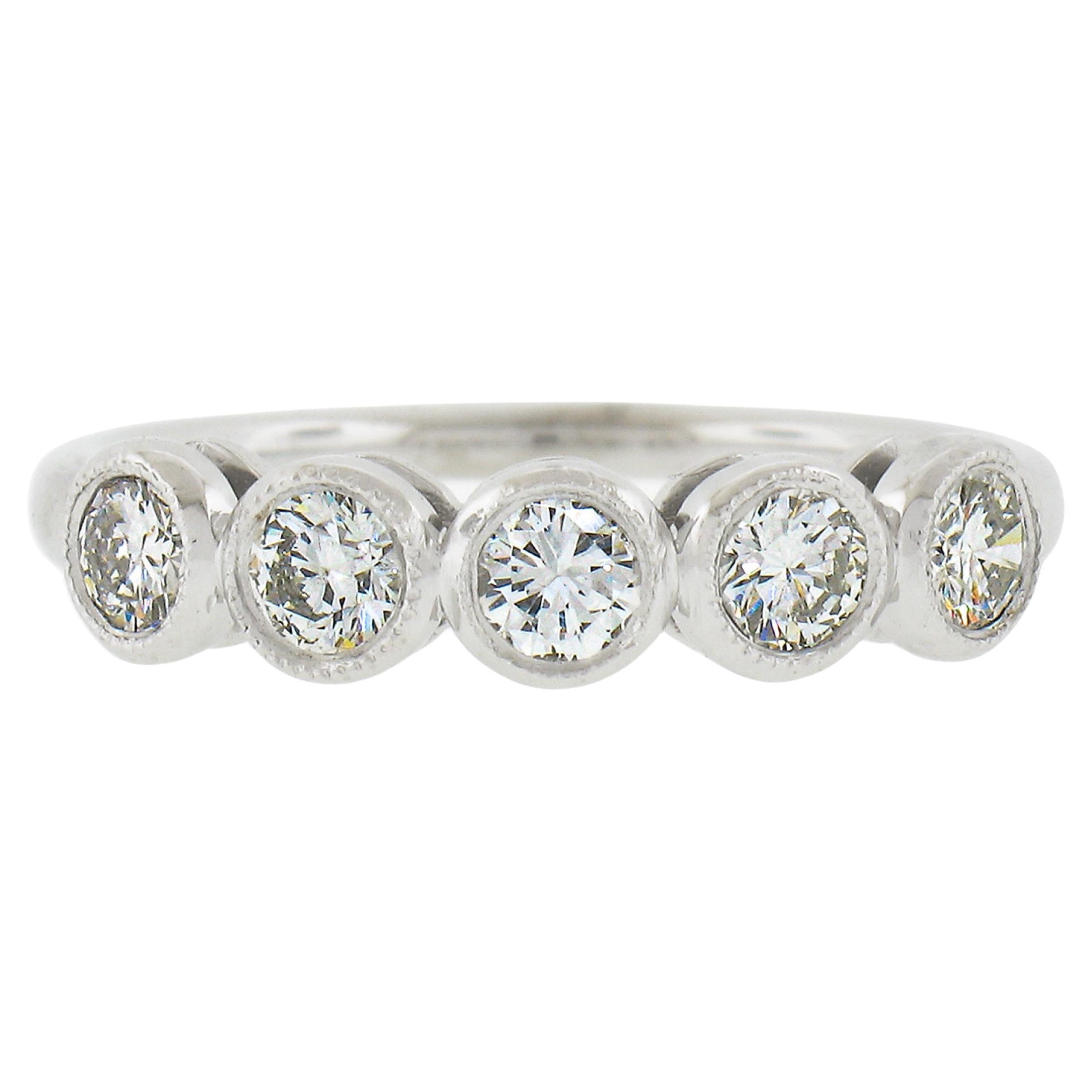 NEW Platinum .68ctw Milgrain Bezel Round Diamond 5 Stone Stack Wedding Band Ring For Sale