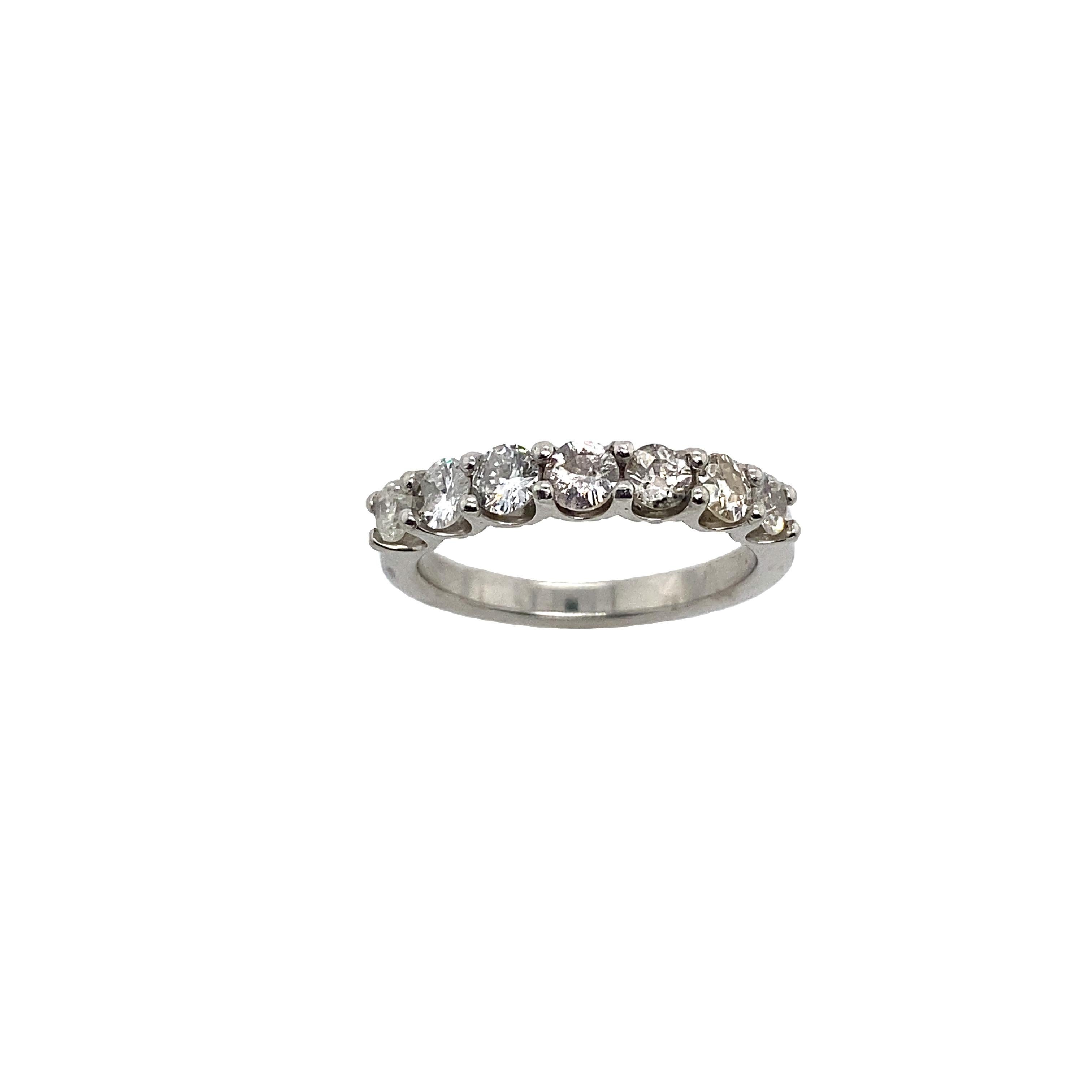 Platinum 7 Stone Eternity Band Ring, Set With 1.03ct of Round Diamonds For Sale 5