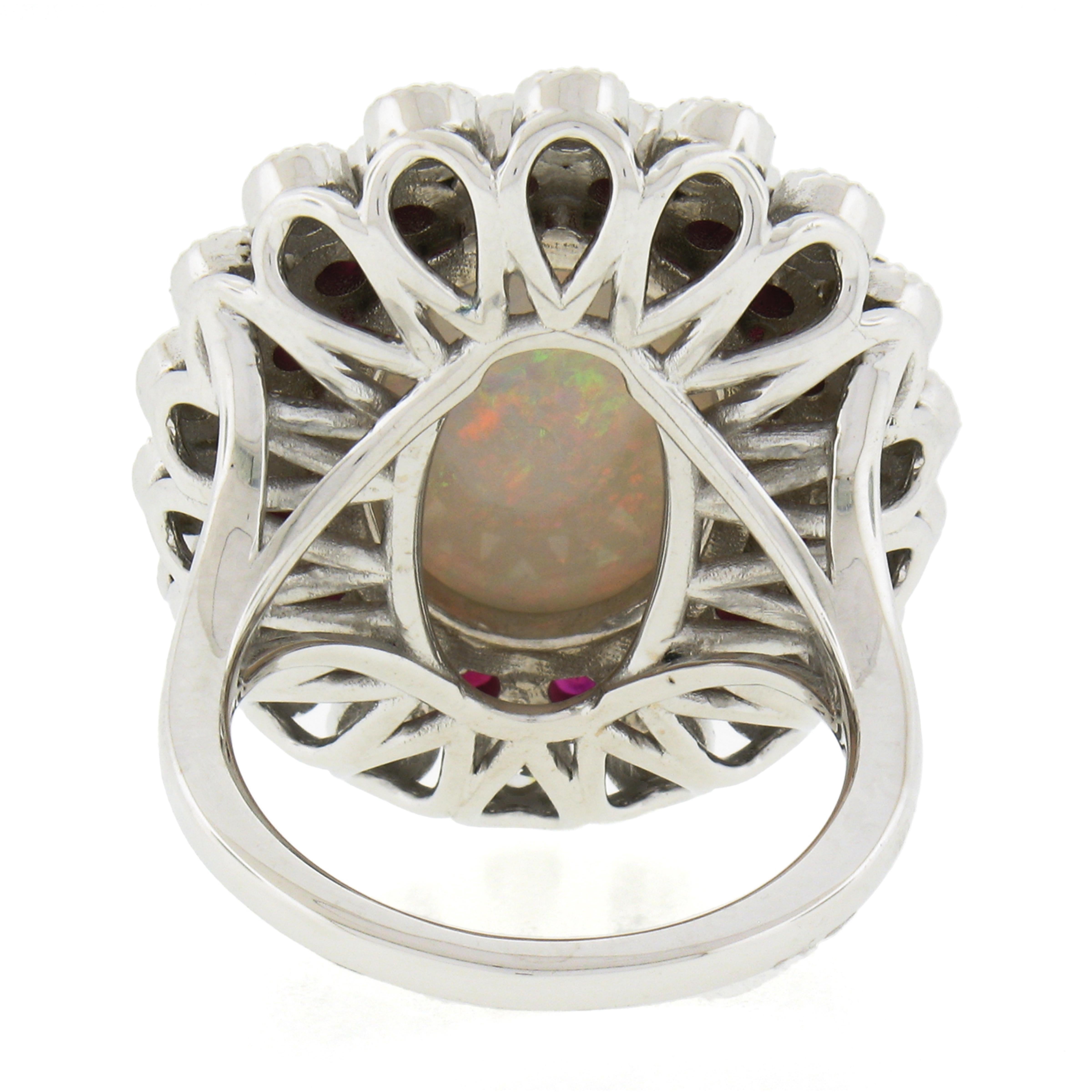 New Platinum 8.20ctw GIA Oval Cabochon Opal W/ Ruby & Diamond Halo Cocktail Ring For Sale 2