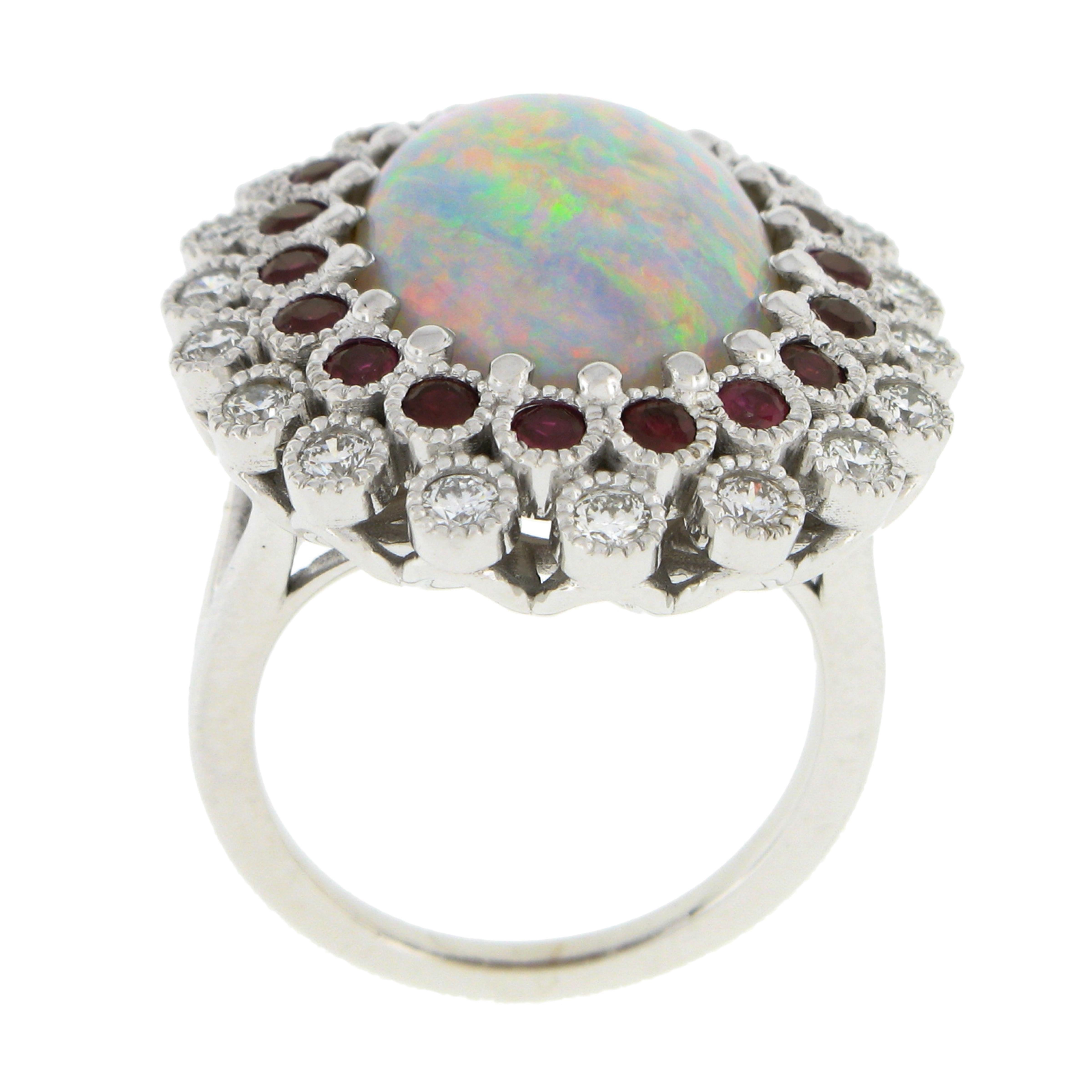 New Platinum 8.20ctw GIA Oval Cabochon Opal W/ Ruby & Diamond Halo Cocktail Ring For Sale 3