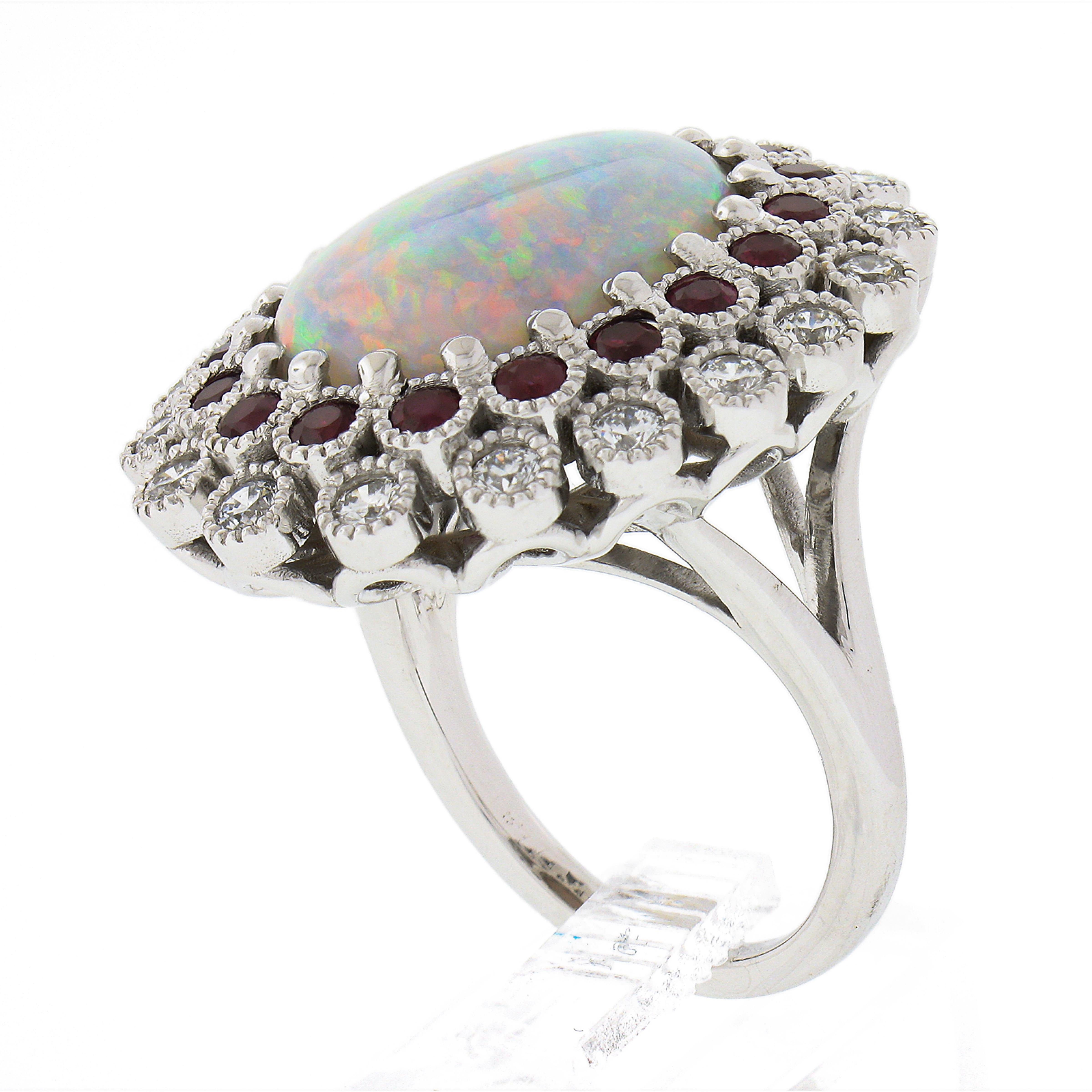 New Platinum 8.20ctw GIA Oval Cabochon Opal W/ Ruby & Diamond Halo Cocktail Ring For Sale 4