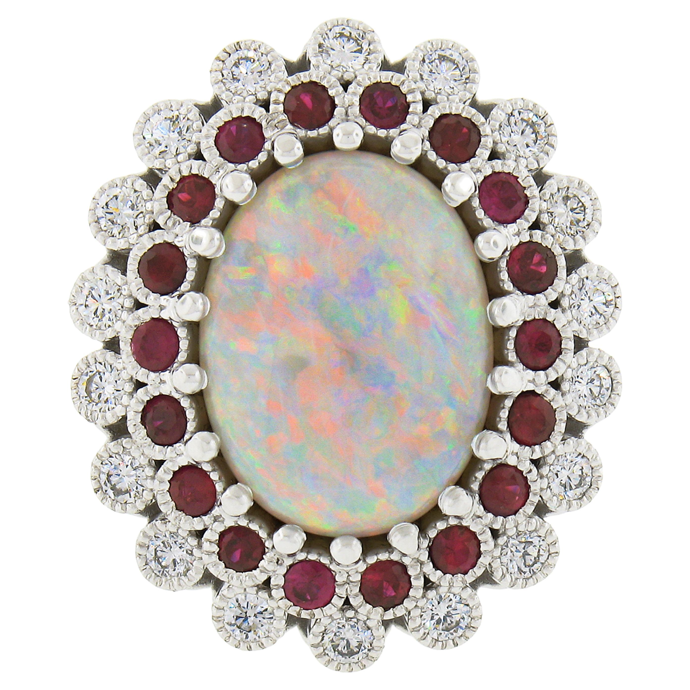 New Platinum 8.20ctw GIA Oval Cabochon Opal W/ Ruby & Diamond Halo Cocktail Ring For Sale