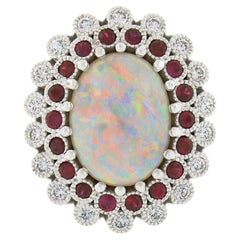 New Platinum 8.20ctw GIA Oval Cabochon Opal W/ Ruby & Diamond Halo Cocktail Ring