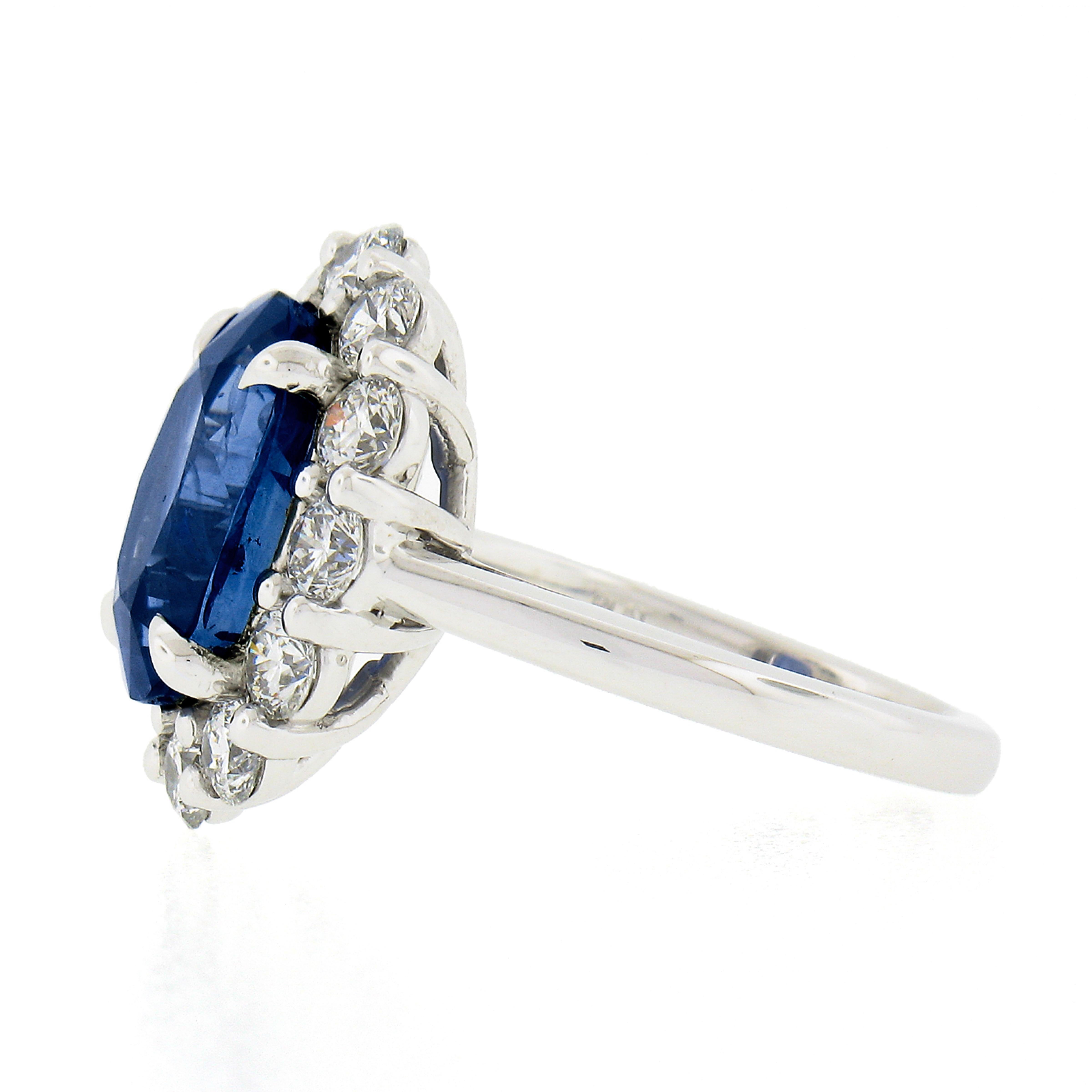 New Platinum 8.27ctw GIA Ceylon No Heat Oval Blue Sapphire & Diamond Halo Ring For Sale 1