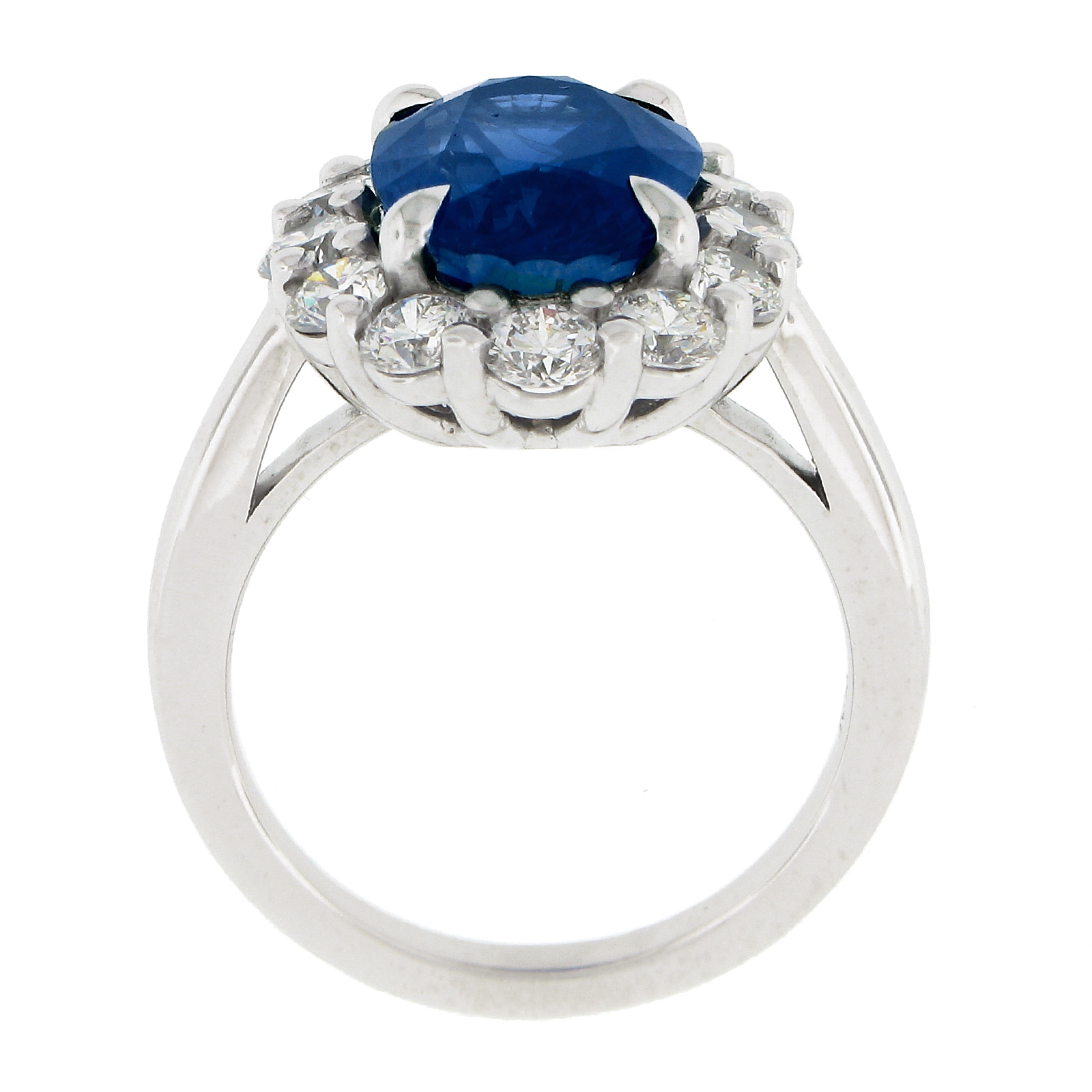 New Platinum 8.27ctw GIA Ceylon No Heat Oval Blue Sapphire & Diamond Halo Ring For Sale 3