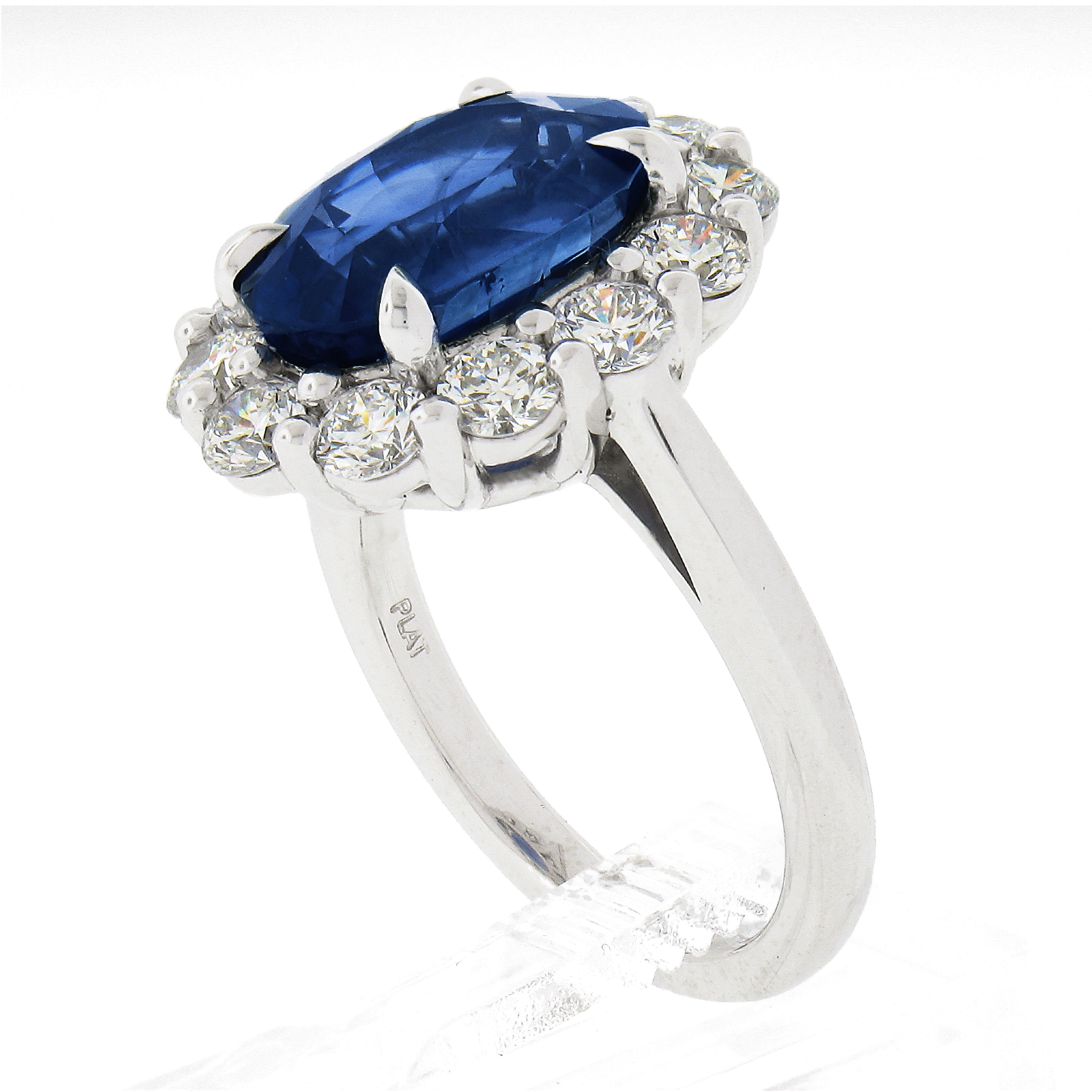New Platinum 8.27ctw GIA Ceylon No Heat Oval Blue Sapphire & Diamond Halo Ring For Sale 4
